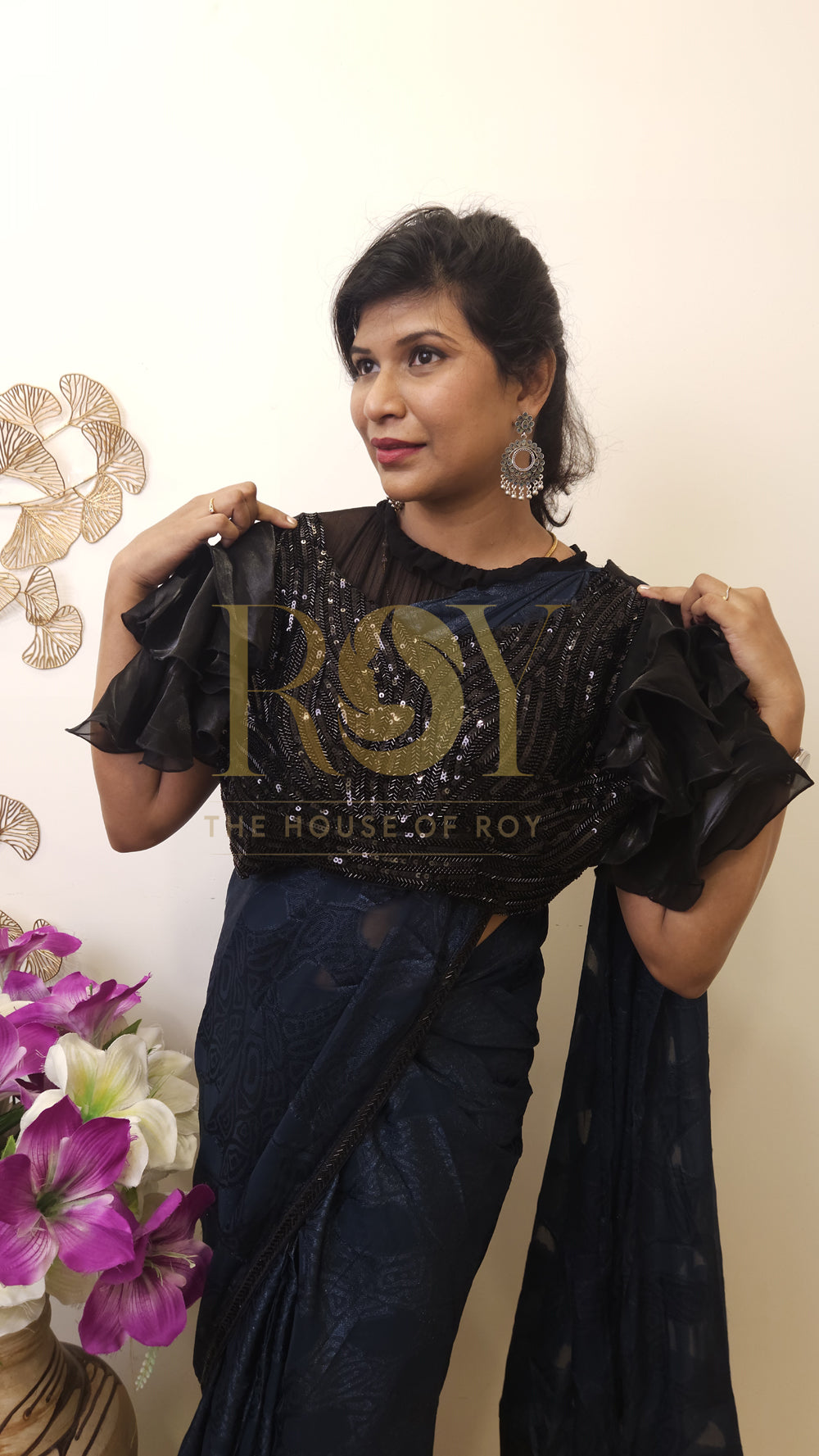 Dark Peacock Blue Ready-to-Wear Designer Saree