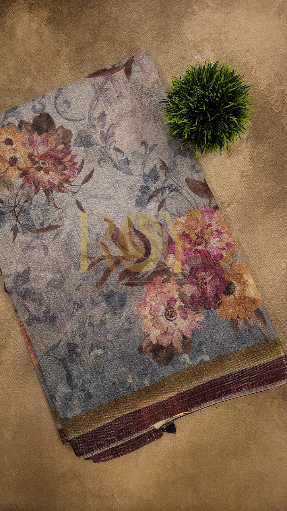 Blue Floral Digital Print Linen Silk Saree