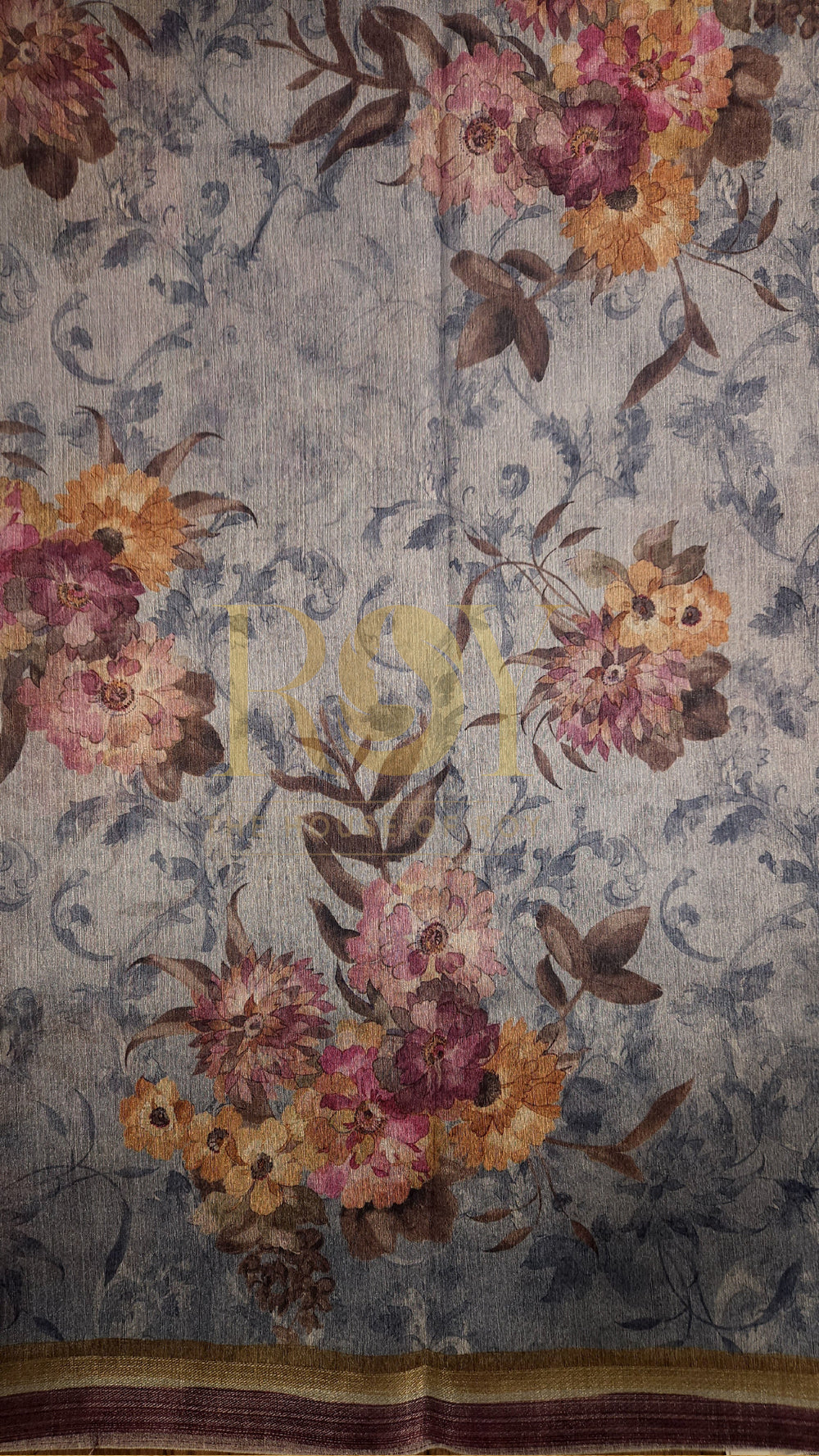 Blue Floral Digital Print Linen Silk Saree