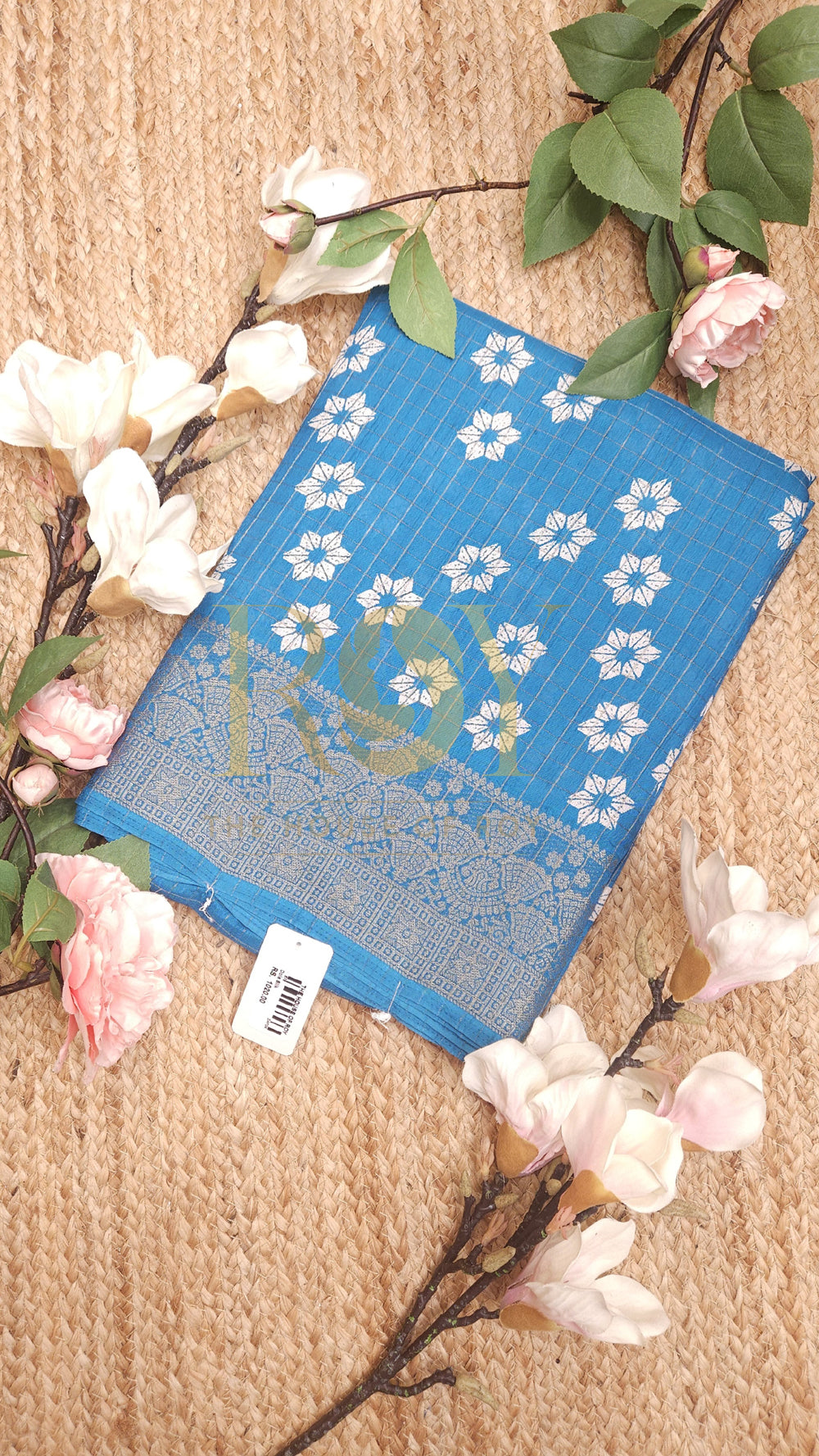 Blue Flower Print Dola Silk Saree