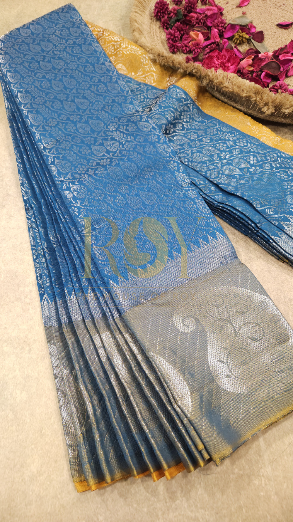 Firozi Blue Yellow Silver Zari Mix Silk Saree