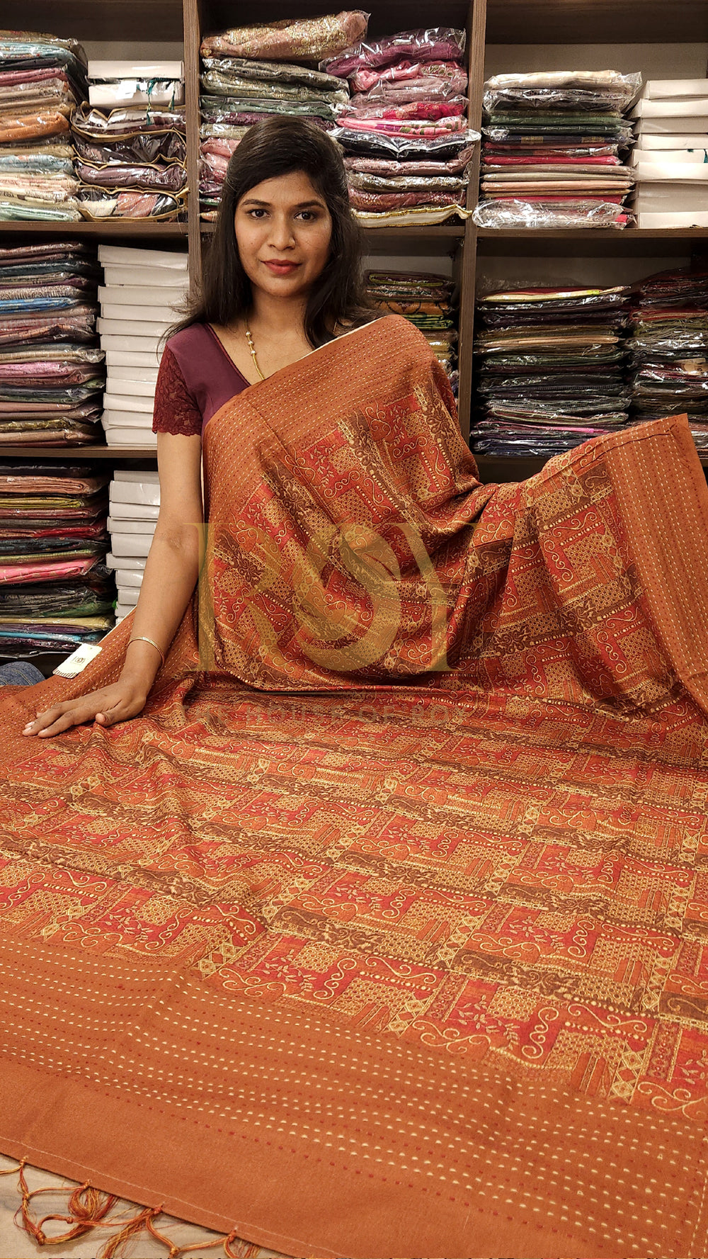 Burnt orange damask print mix chinon silk saree