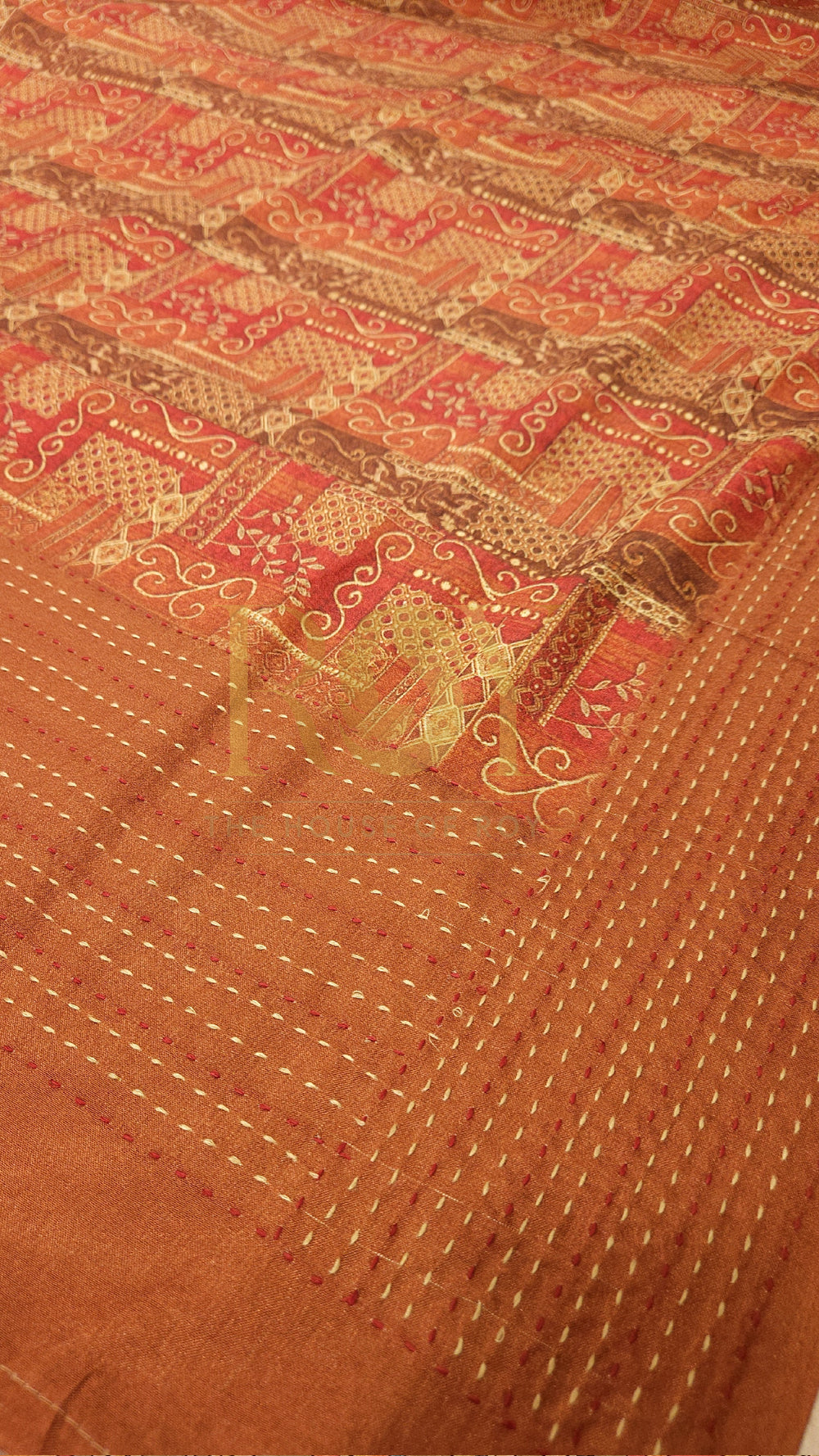 Burnt orange damask print mix chinon silk saree