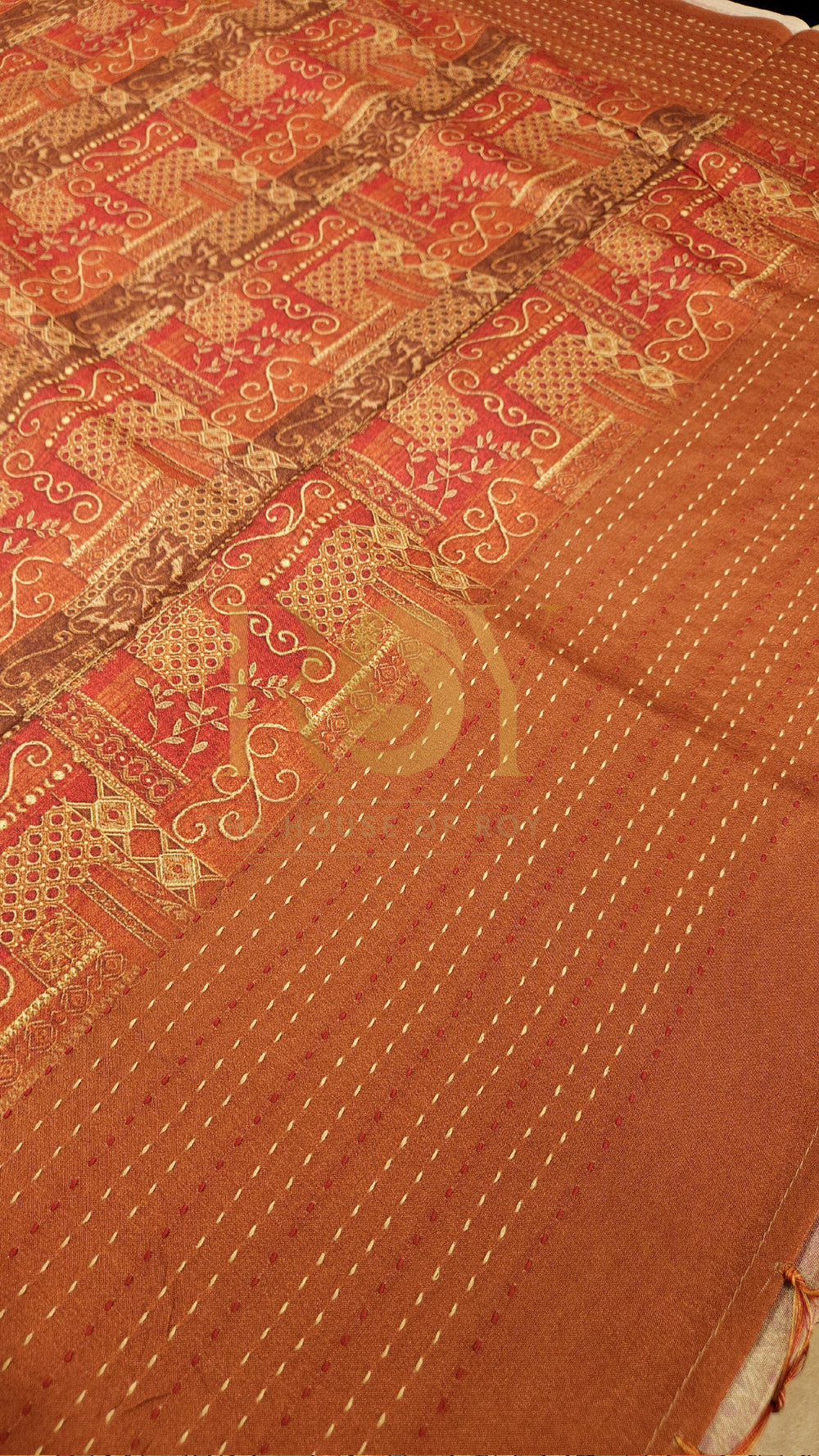 Burnt orange damask print mix chinon silk saree