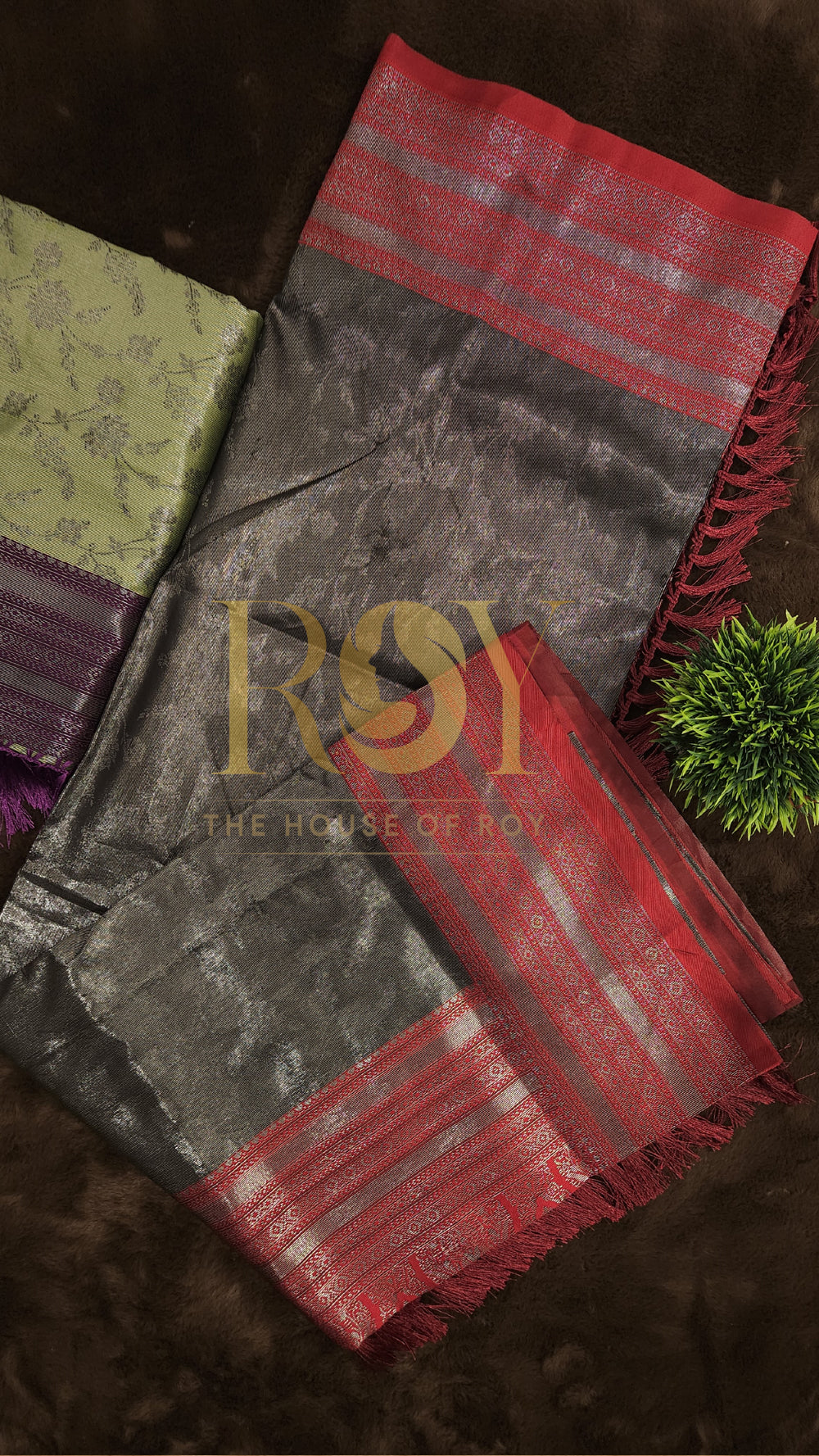 Chracoal Grey with red fancy tissue saree