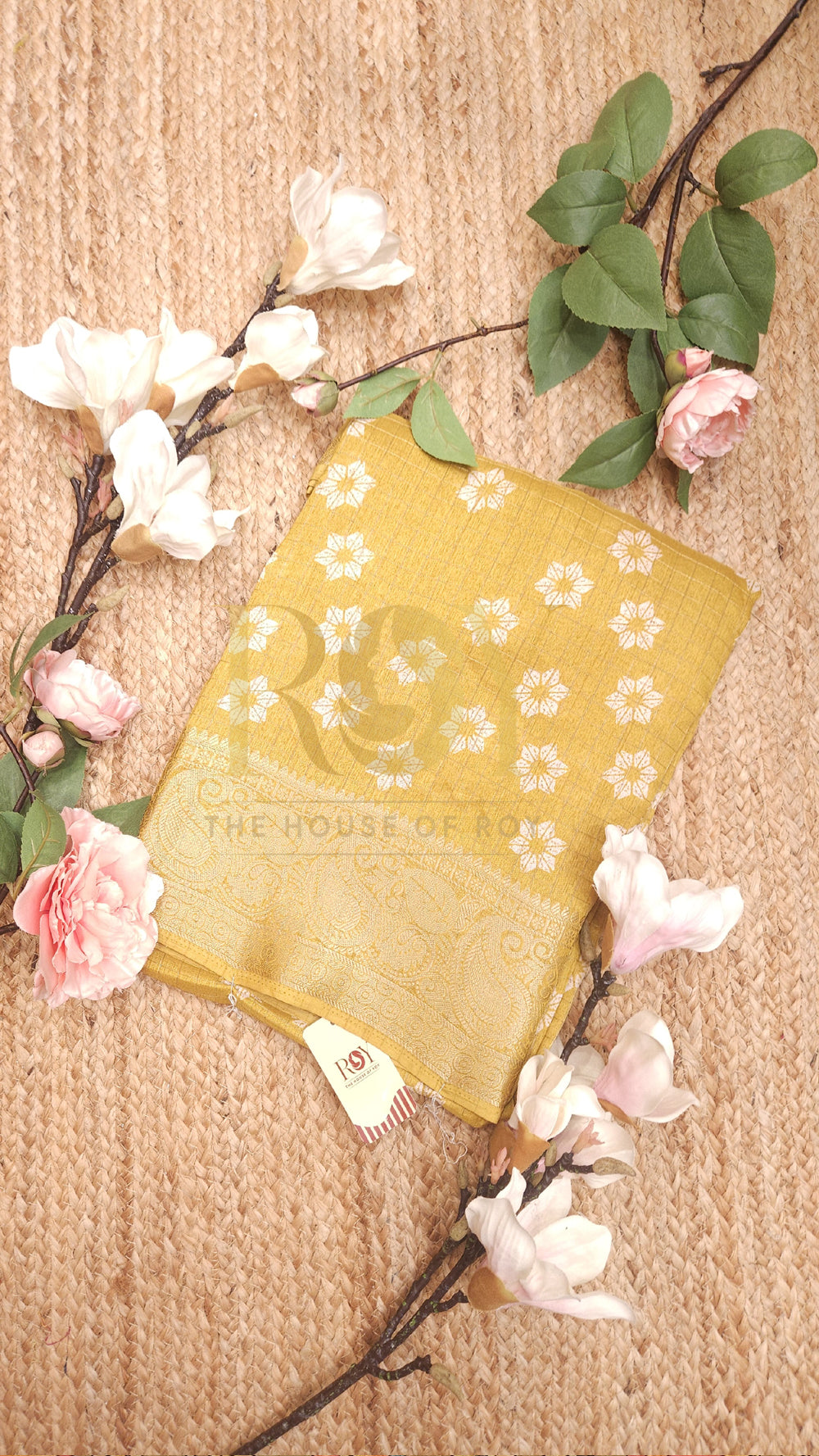 Daffodil Yellow Floral Print Dola Silk Saree