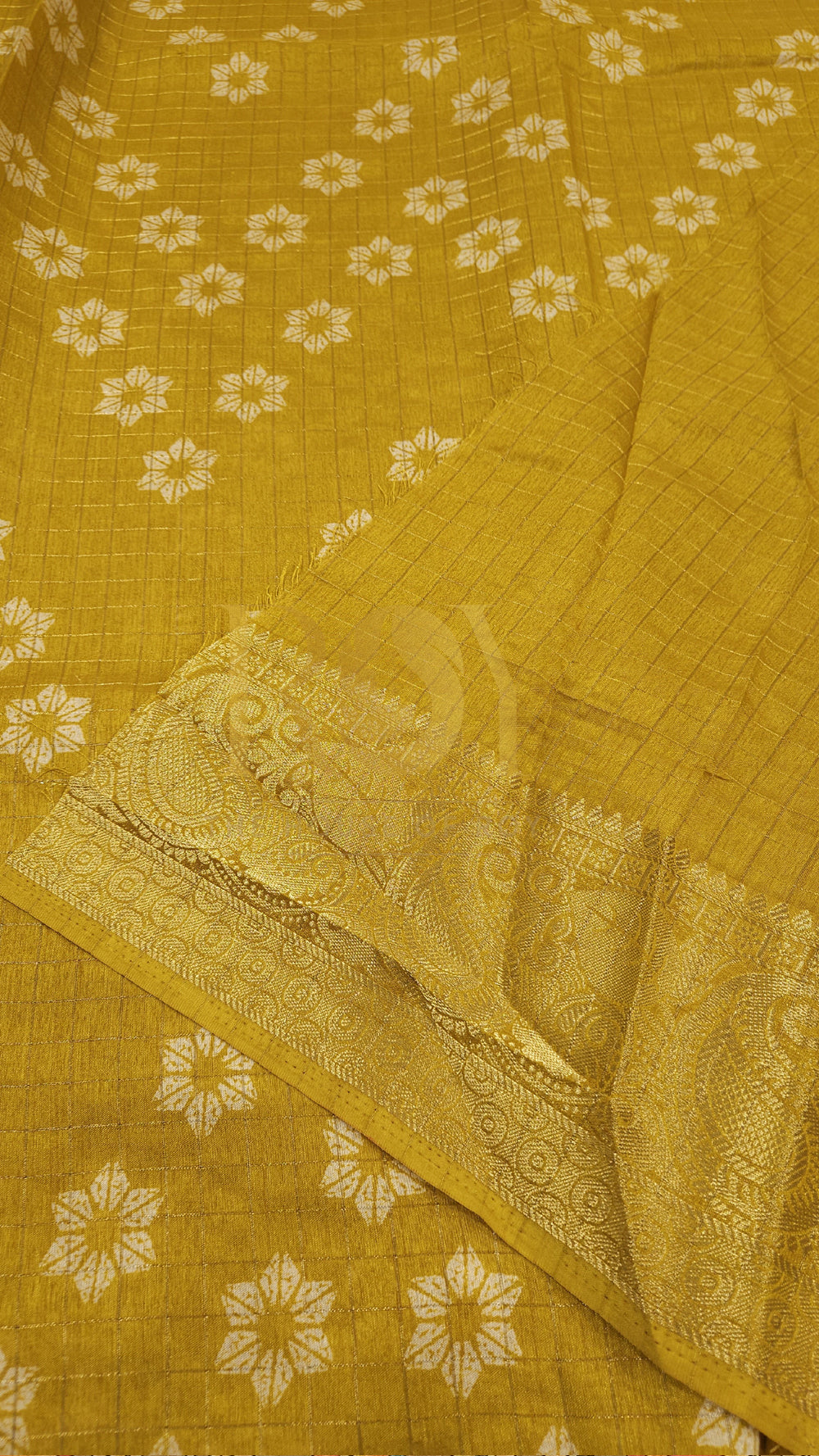Daffodil Yellow Floral Print Dola Silk Saree