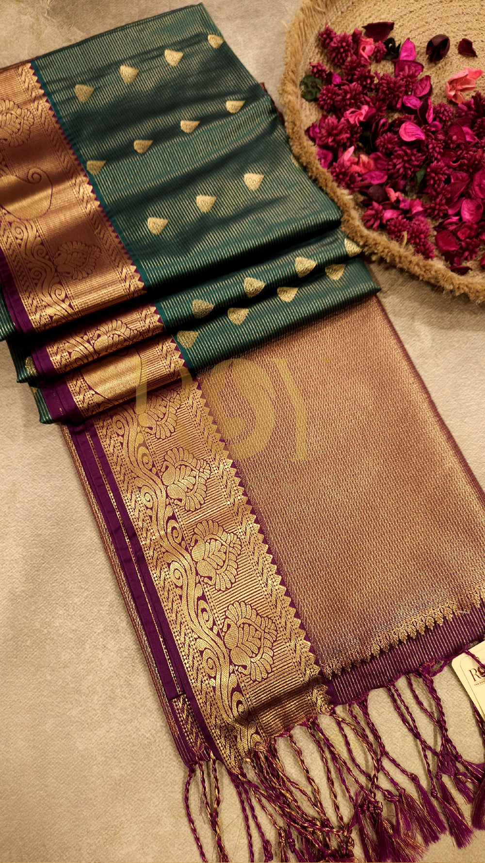 Dark green vaira oosi soft silk saree
