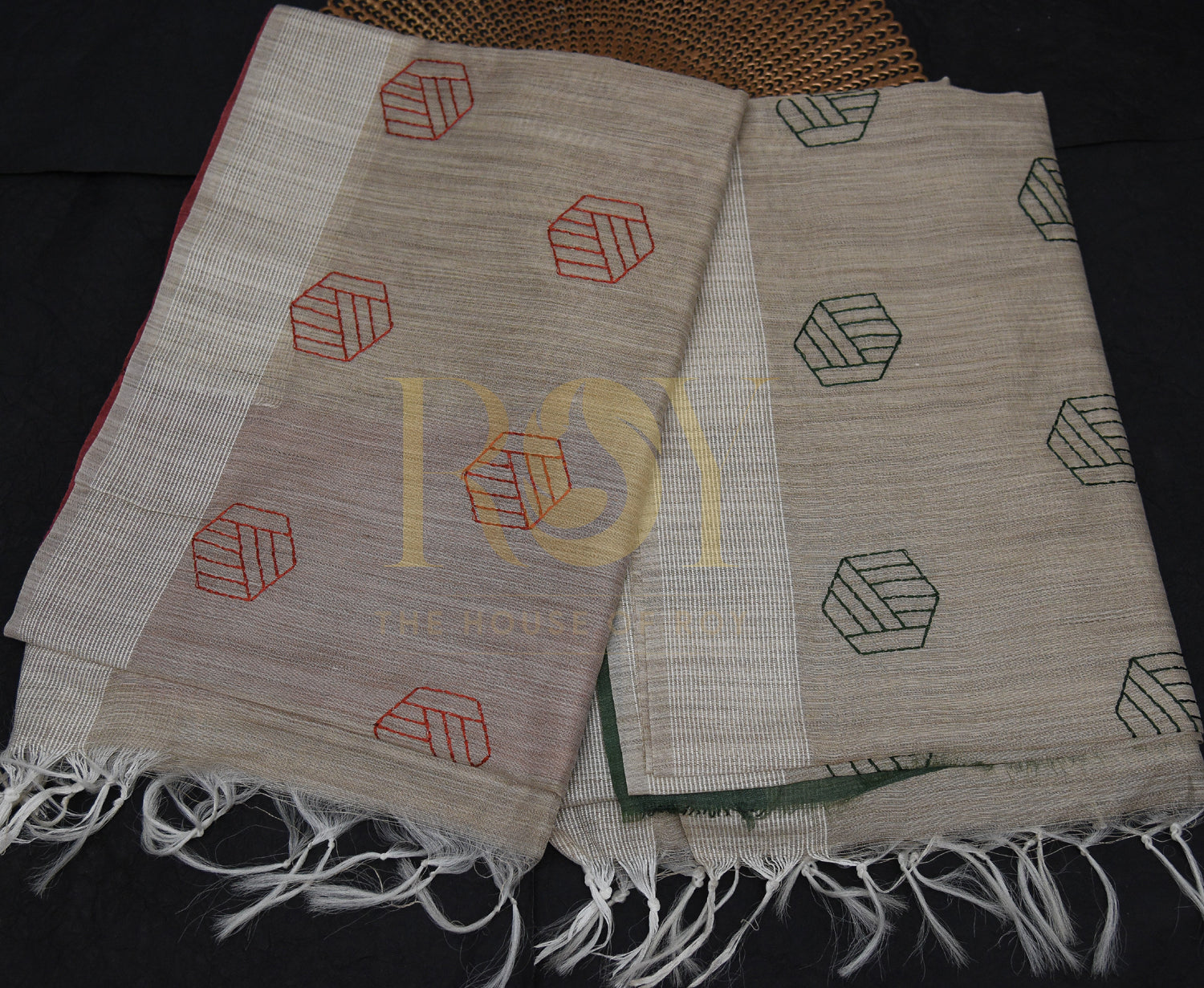 Dusty Beige Embroidery Jute Cotton Saree With Hexagonal Prints