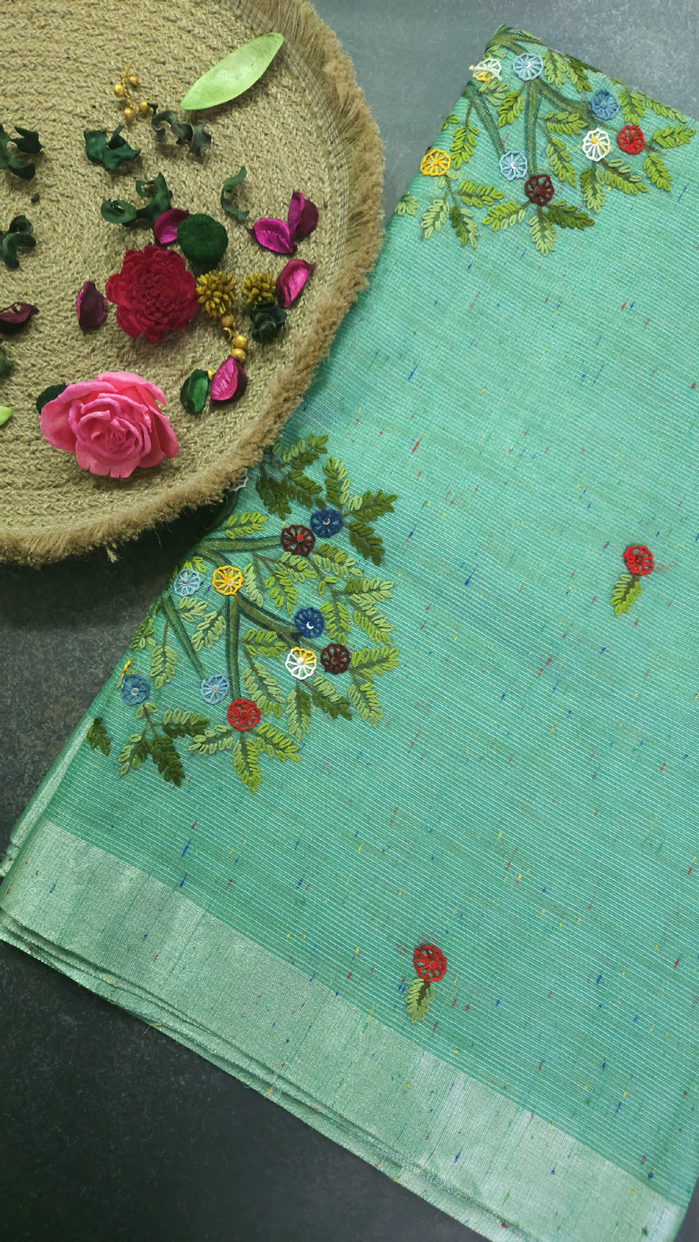 Firozi Green Embroidery Saree