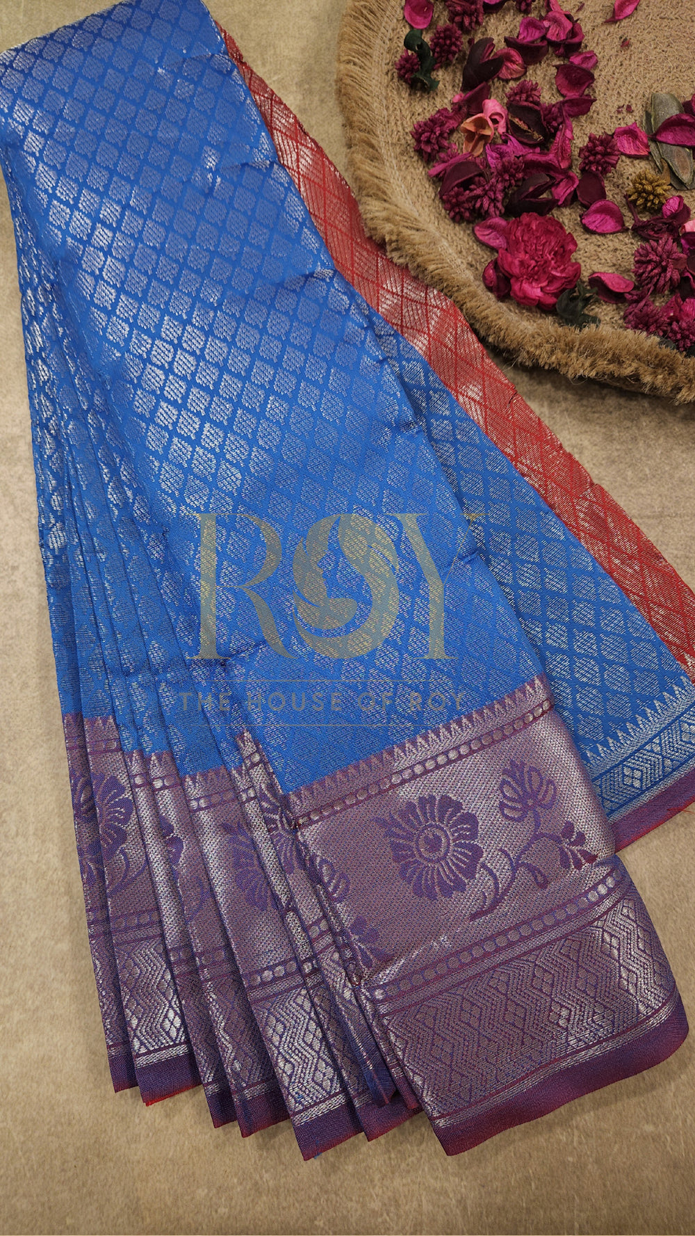 Firozi Blue Red Silver Zari Mix Silk Saree