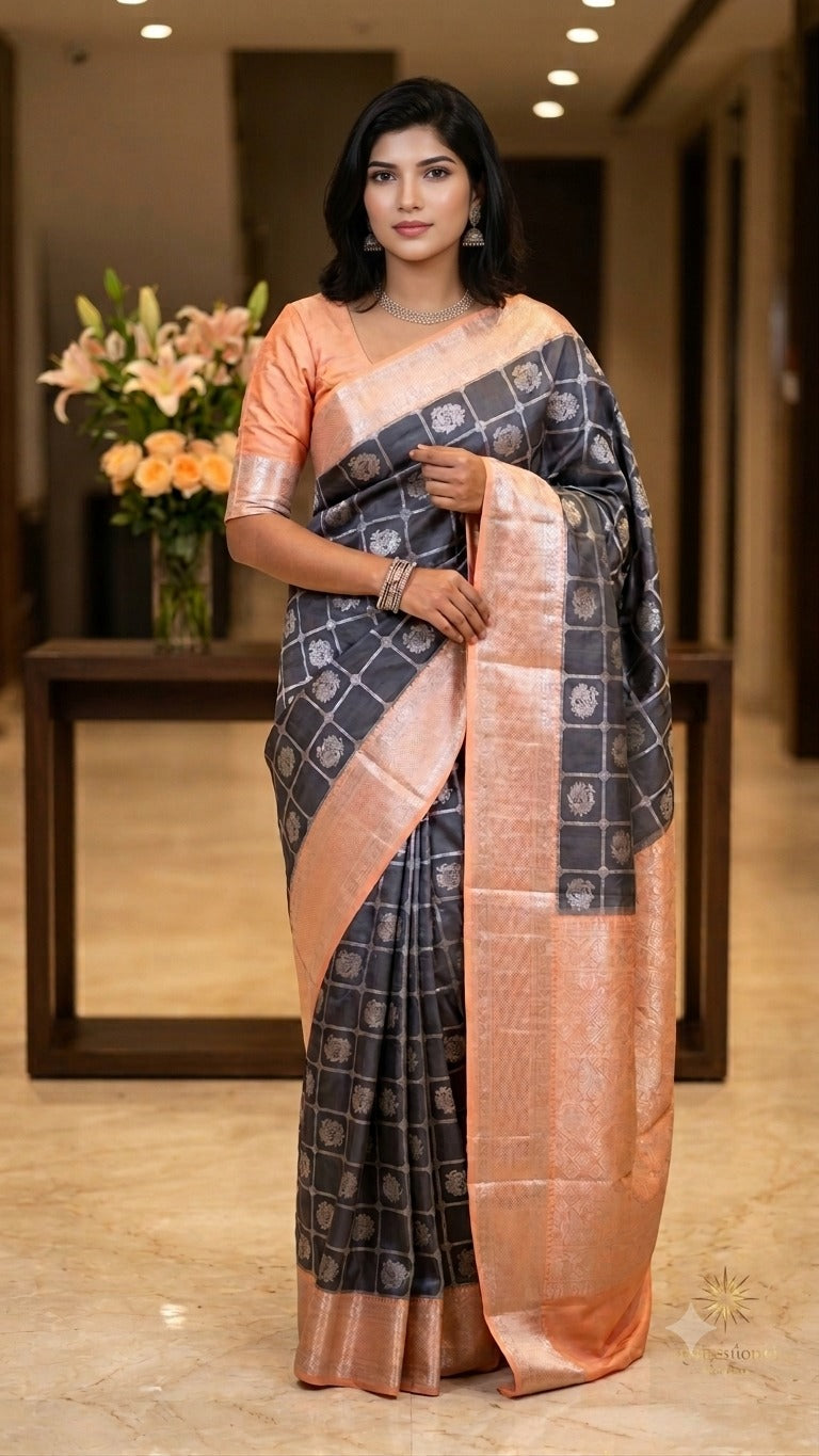 Deep grey silver kattam zari Mix soft silk