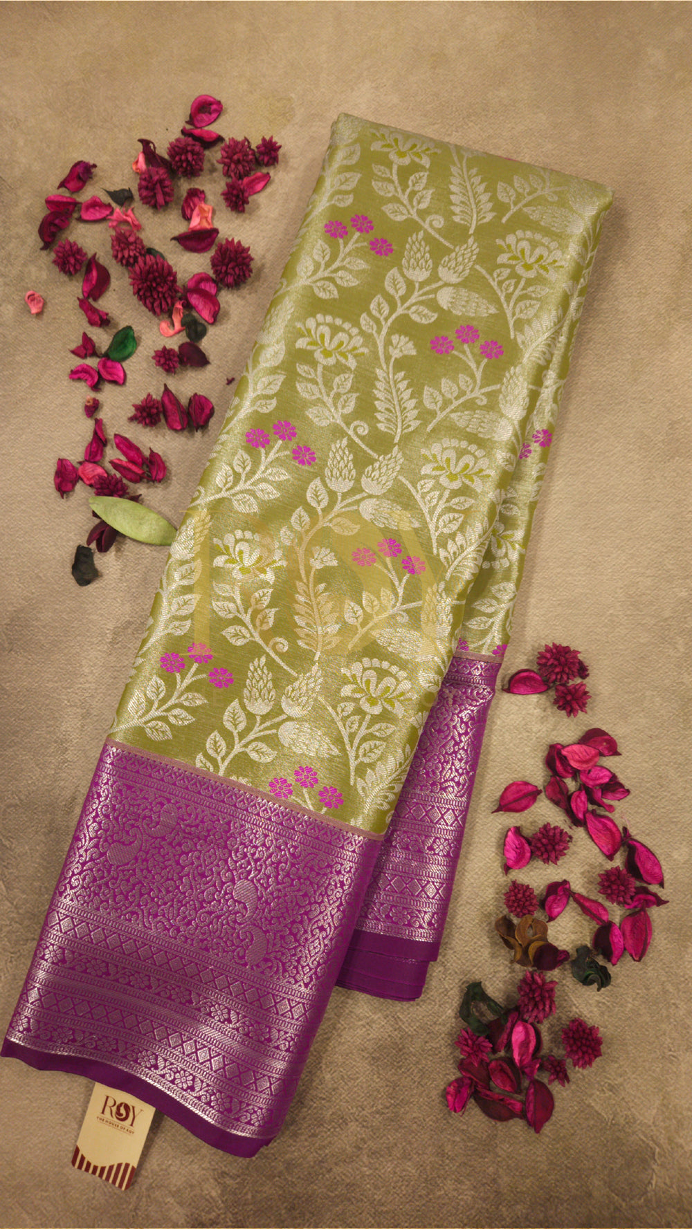 Lime Green Silver Jari Tissue Jacquard Saree