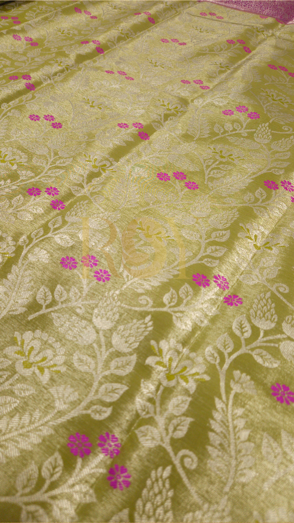 Lime Green Silver Jari Tissue Jacquard Saree