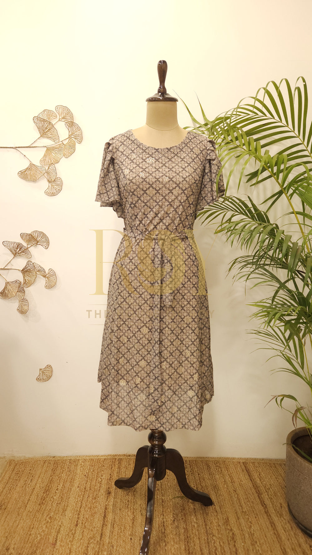 Greyish Beige Printed Dress
