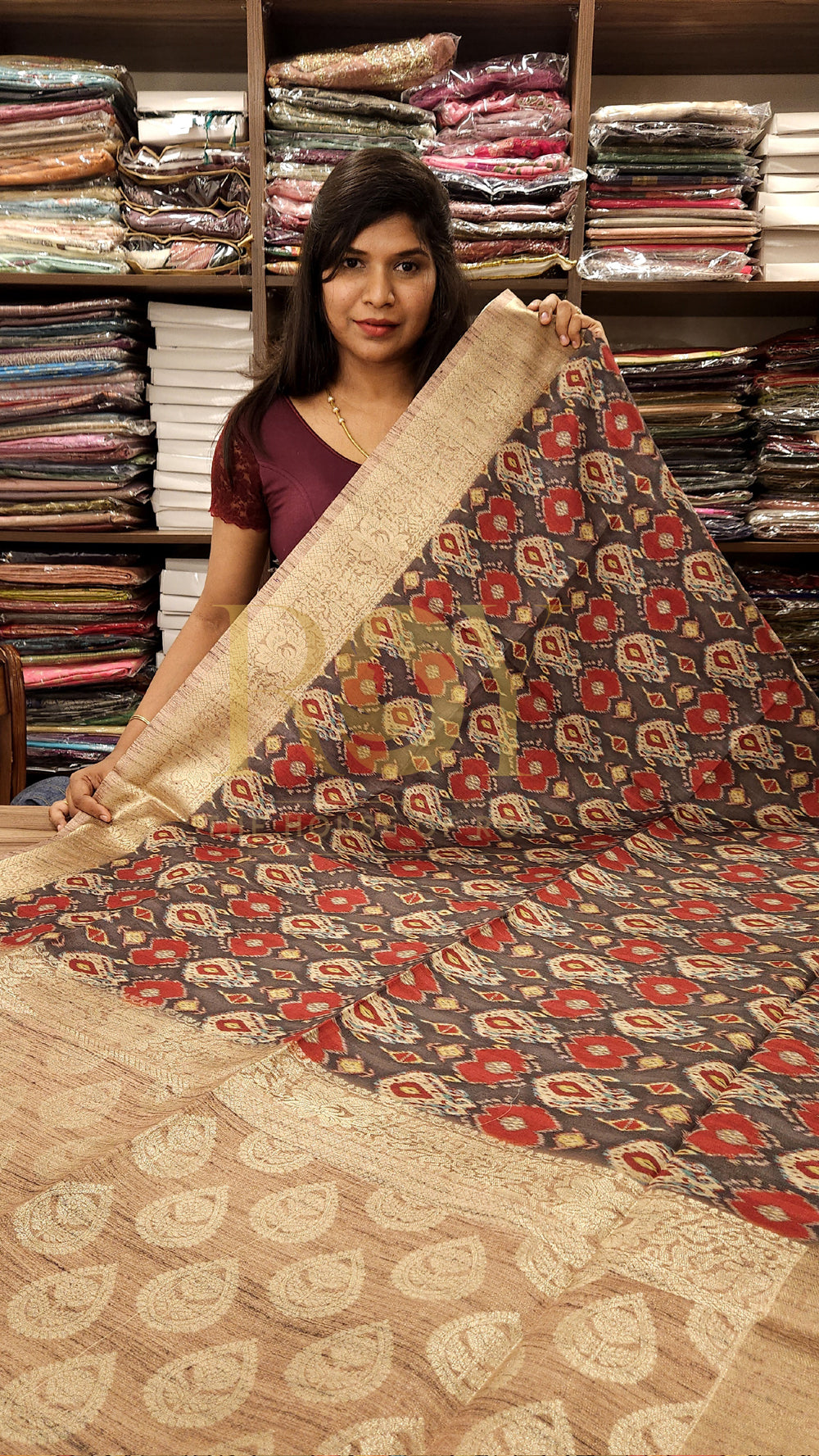 Ikkat print mix raw silk saree