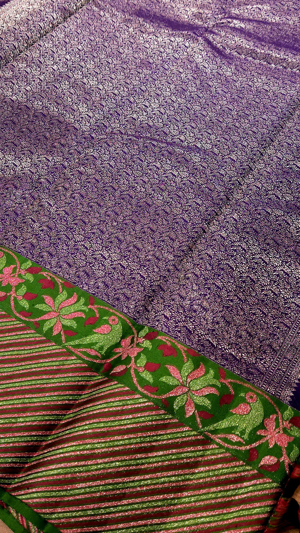 Pure Kancheepuram Silk Saree – Leaf Green with Violet