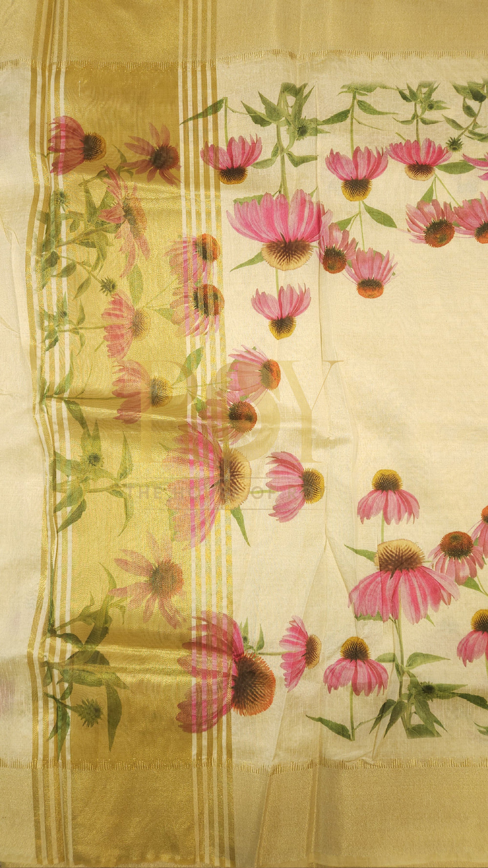 Raw Silk Pink Floral Kasavu Saree