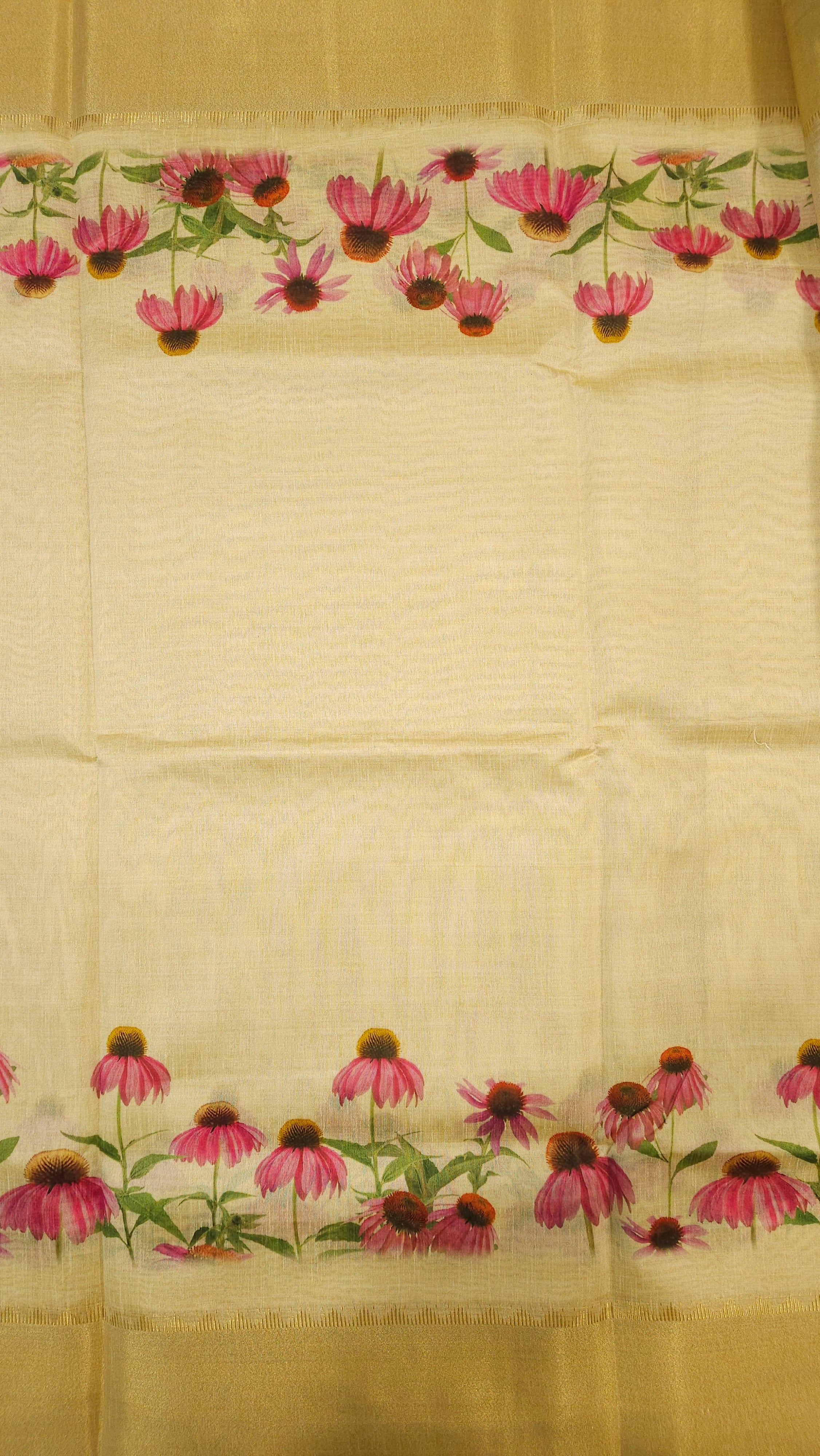 Raw Silk Pink Floral Kasavu Saree
