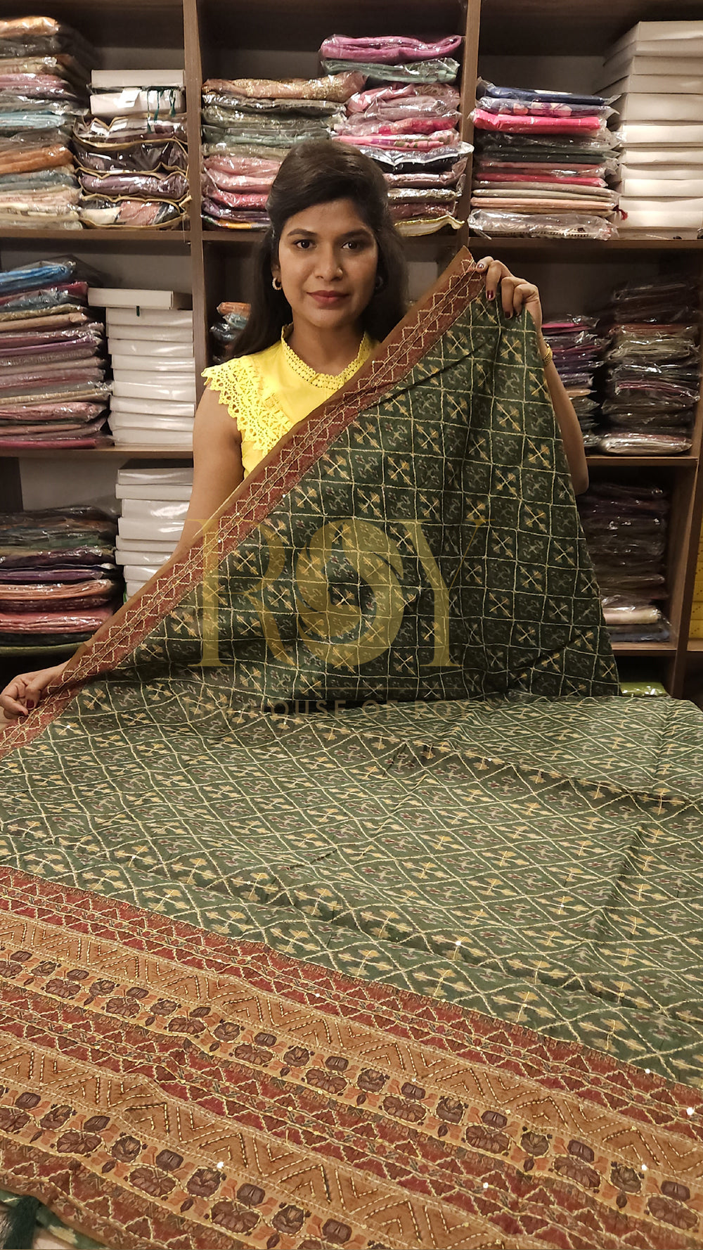 Katha Embroidery Green Saree