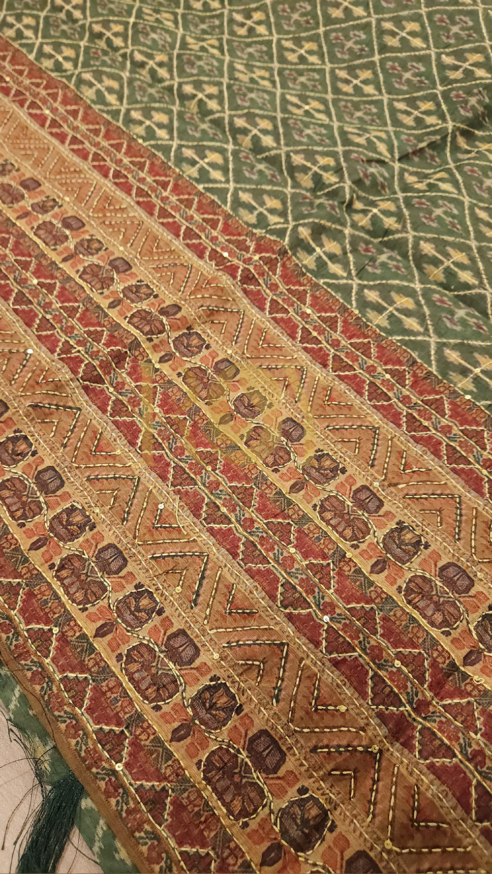 Katha Embroidery Green Saree