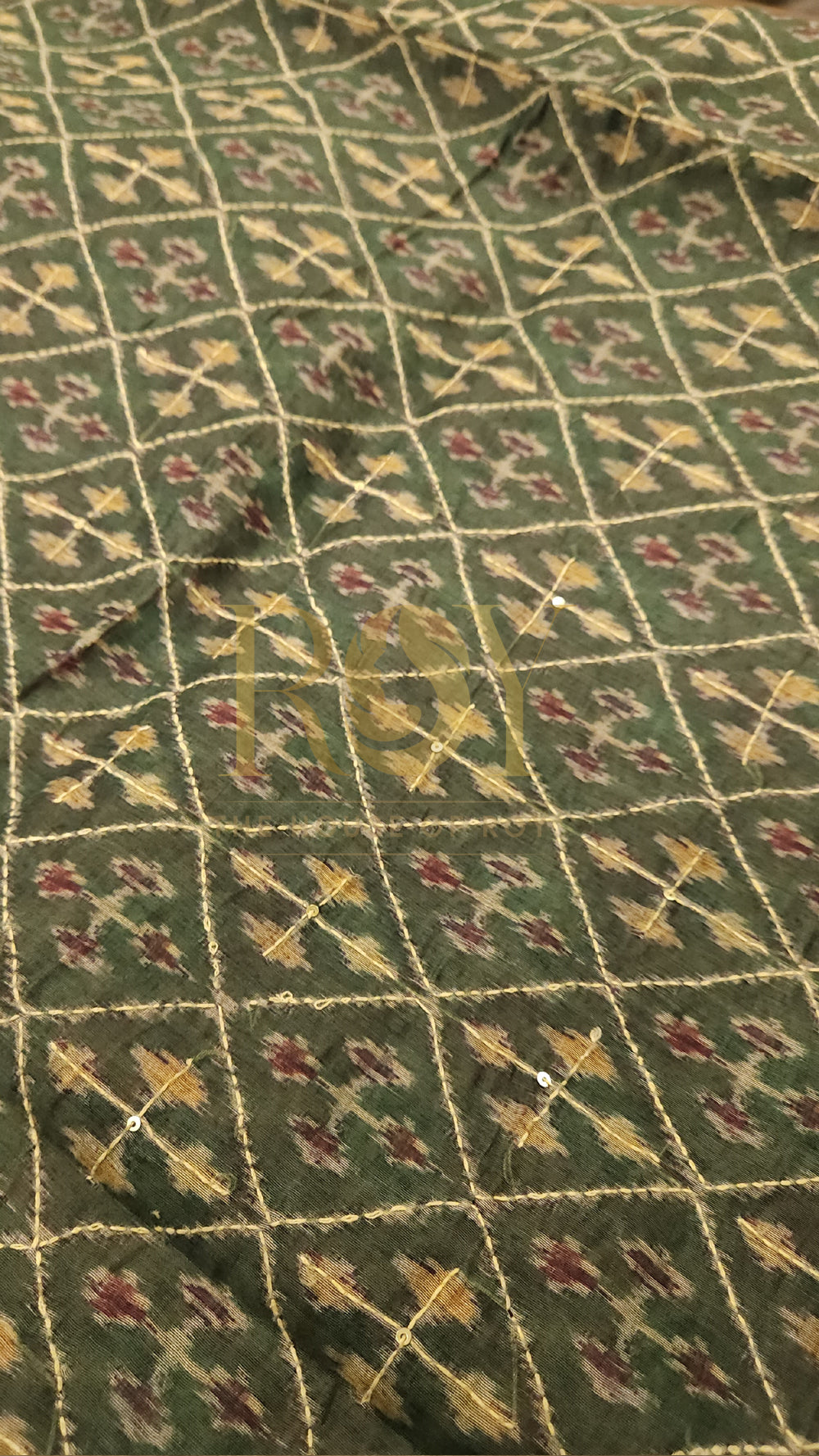 Katha Embroidery Green Saree