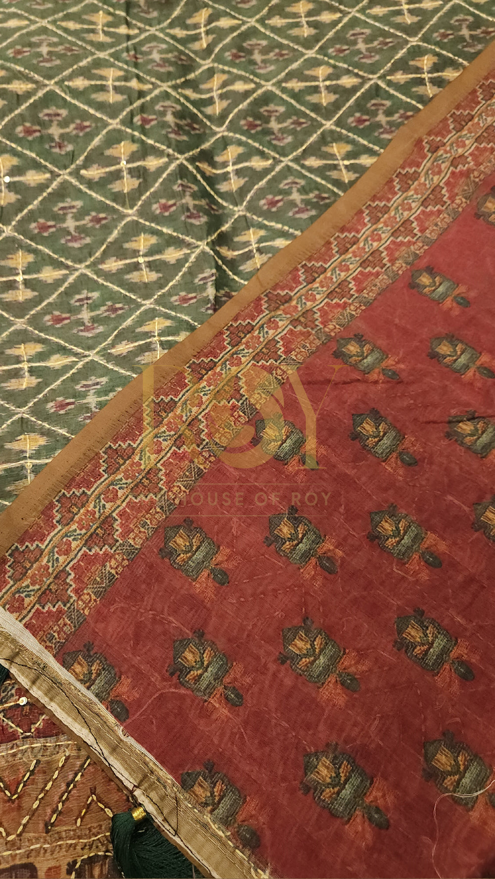 Katha Embroidery Green Saree