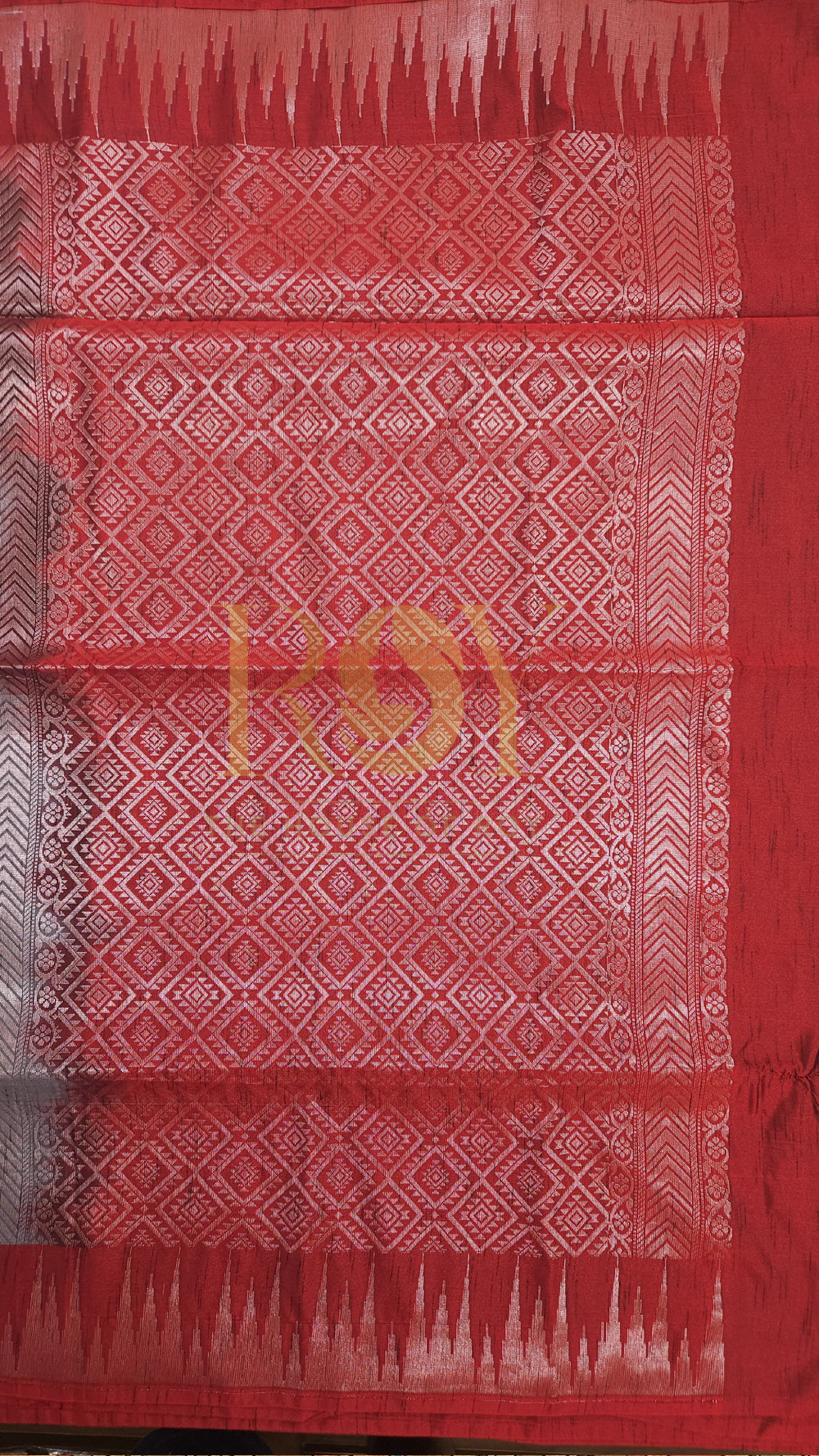 Silver Grey with Kum Kum Red Slub Silk Saree