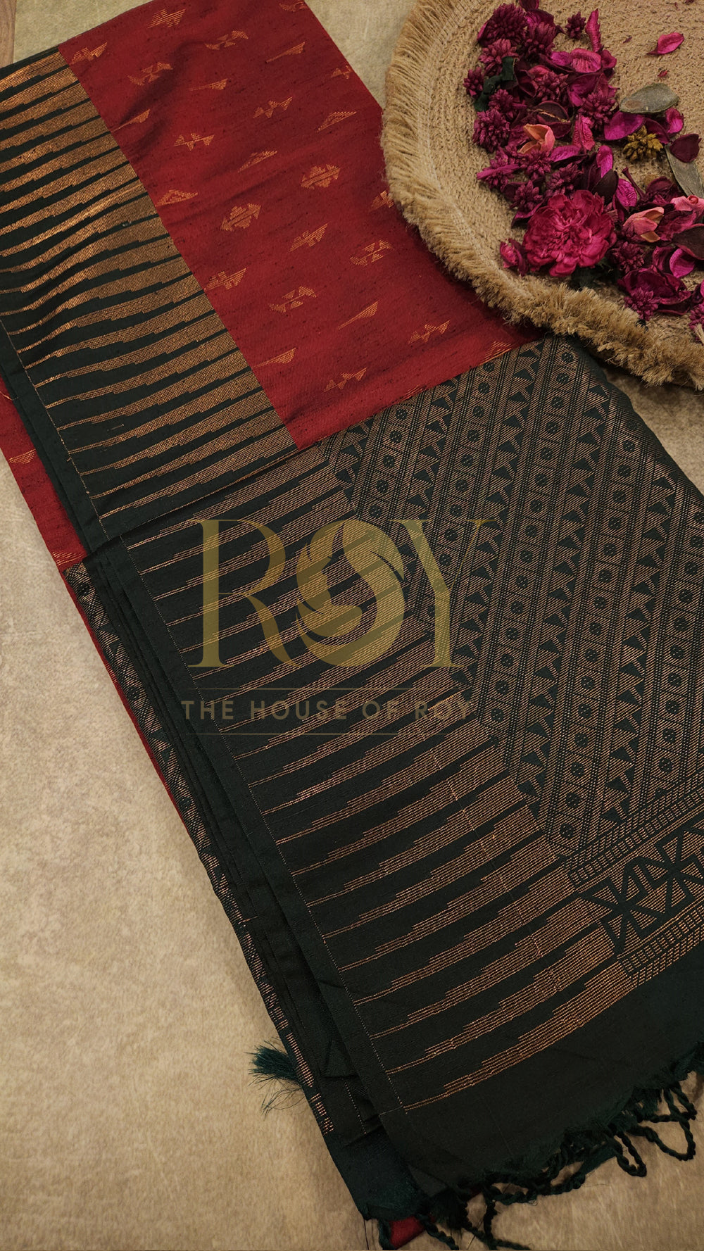 Kum Kum Red with Dark Green Copper Zari Slub Silk Saree
