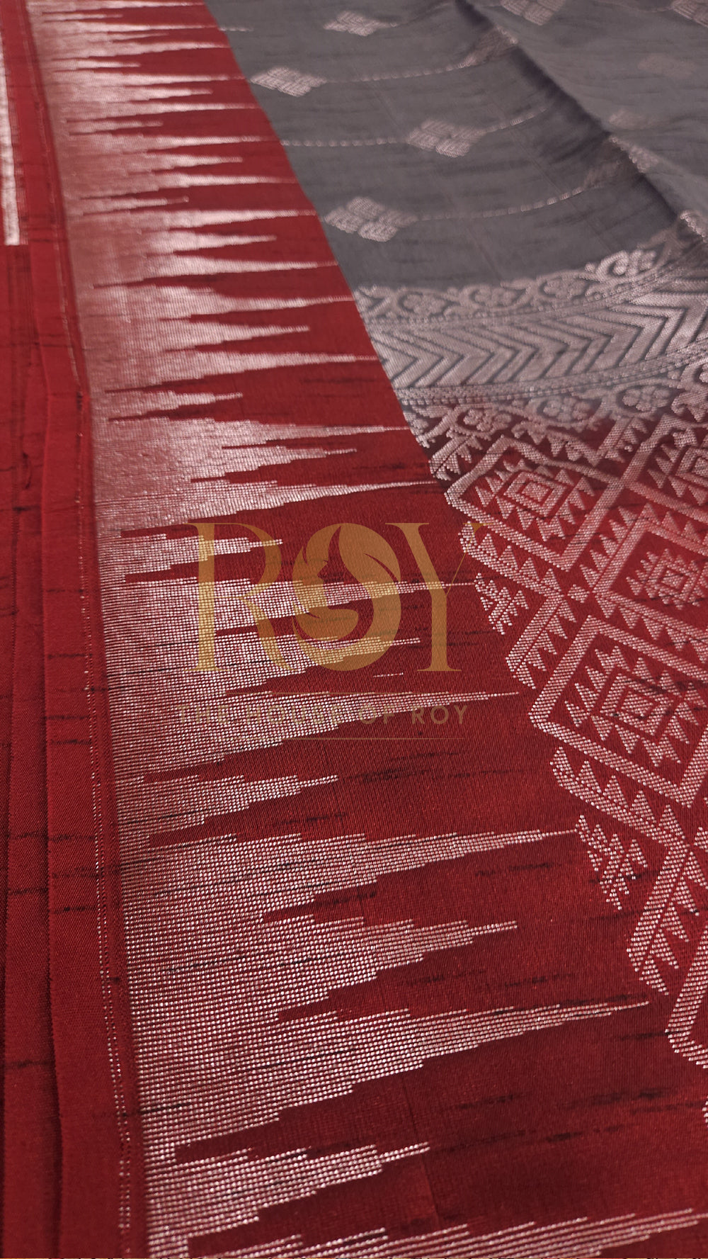 Silver Grey with Kum Kum Red Slub Silk Saree