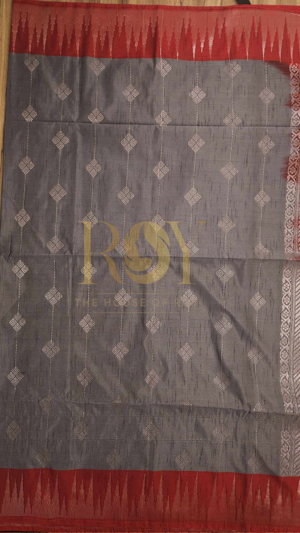 Silver Grey with Kum Kum Red Slub Silk Saree