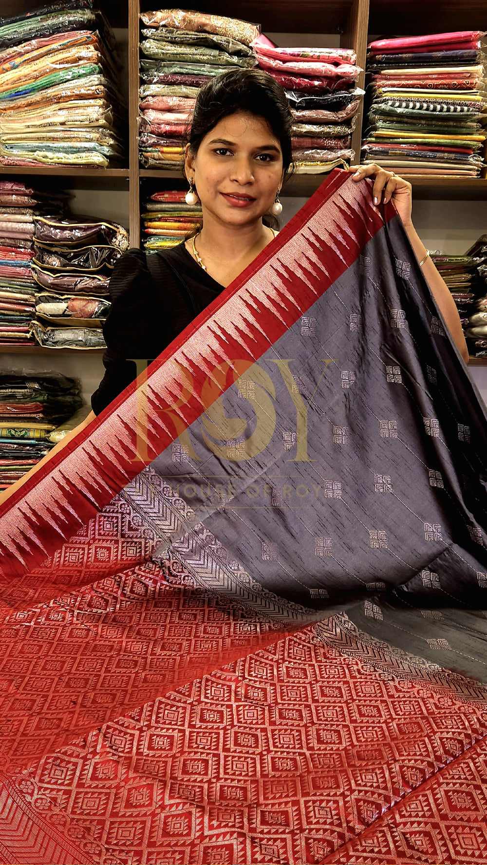 Silver Grey with Kum Kum Red Slub Silk Saree