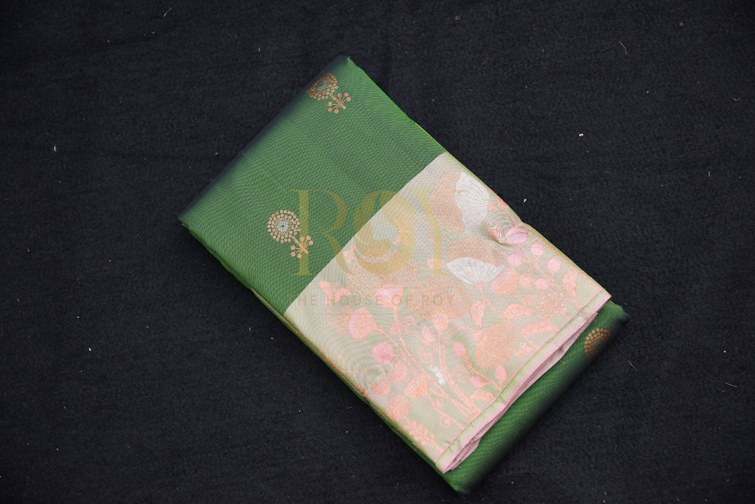 Leaf Green Pure Silk Saree with Copper Jari Butta