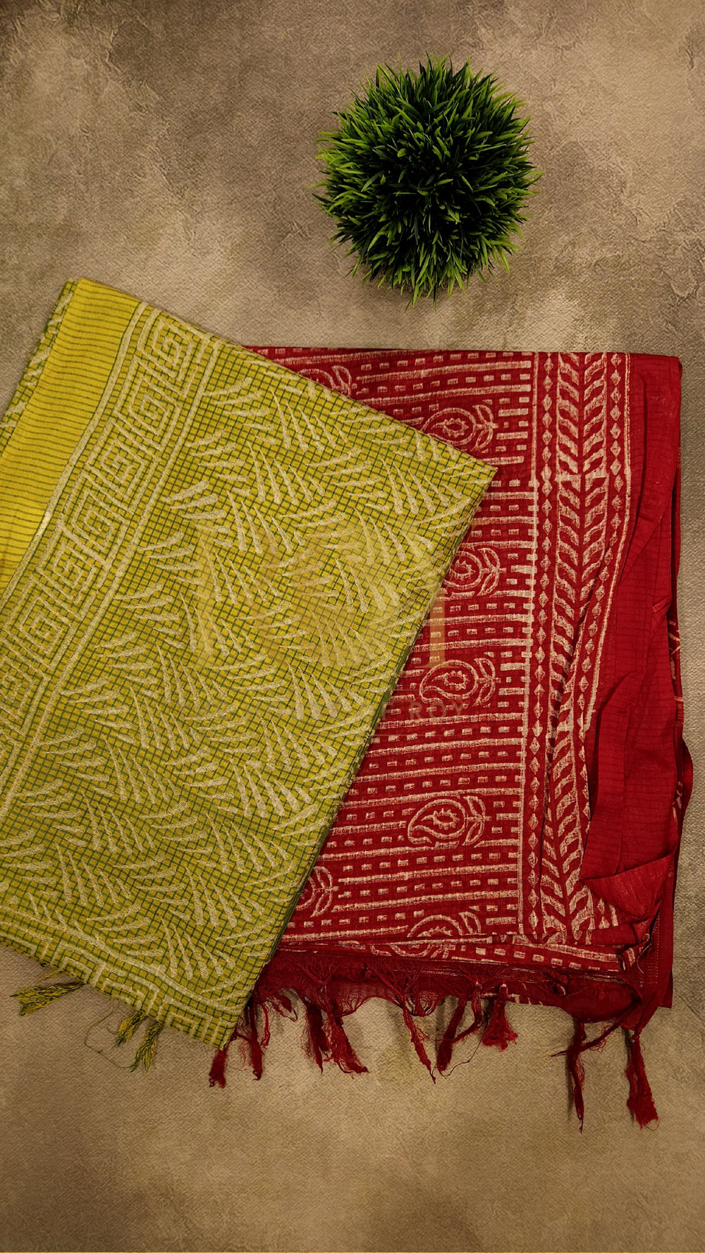 Lemon yellow liva block printed mix tussar saree