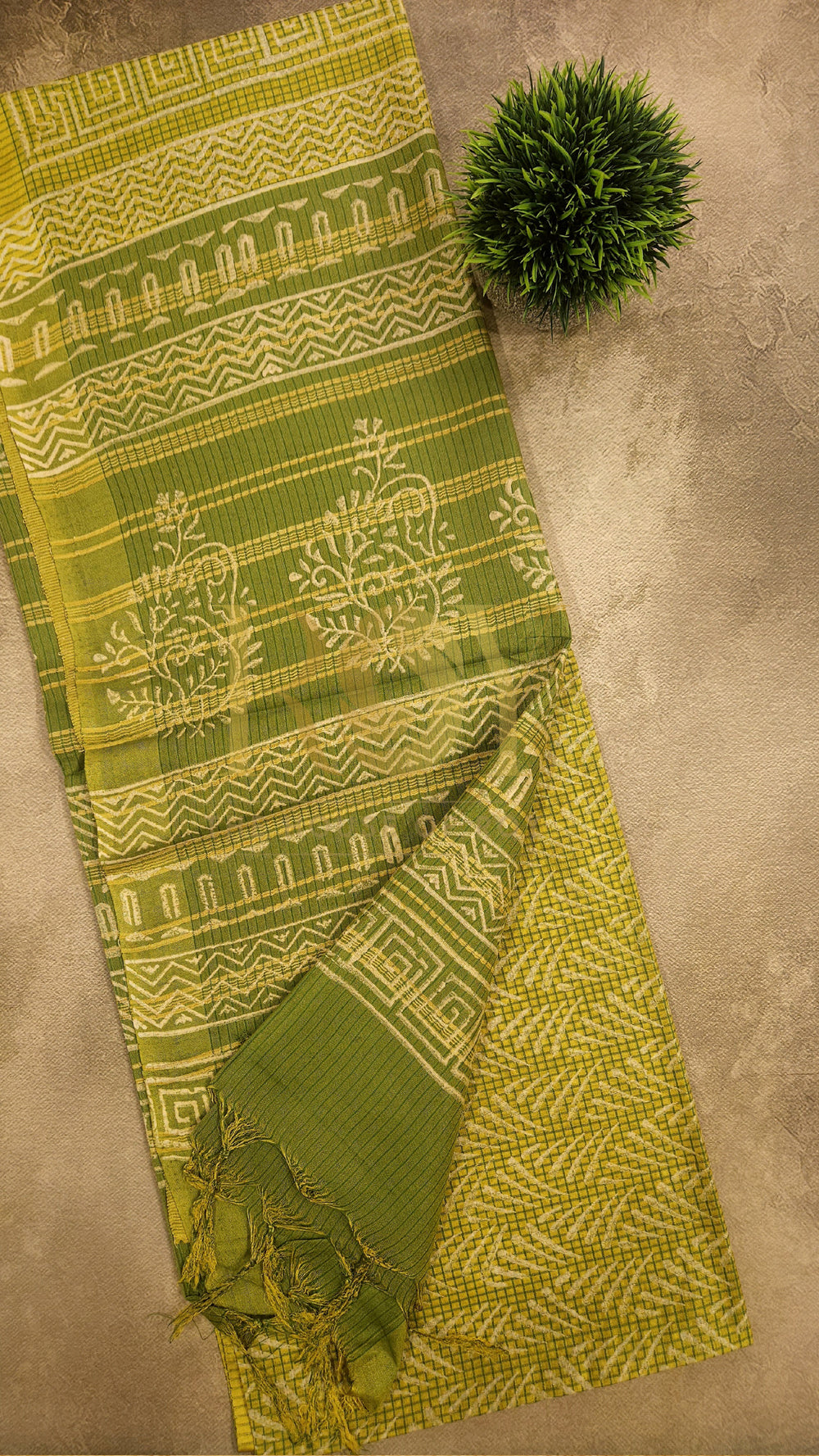 Lemon yellow liva block printed mix tussar saree