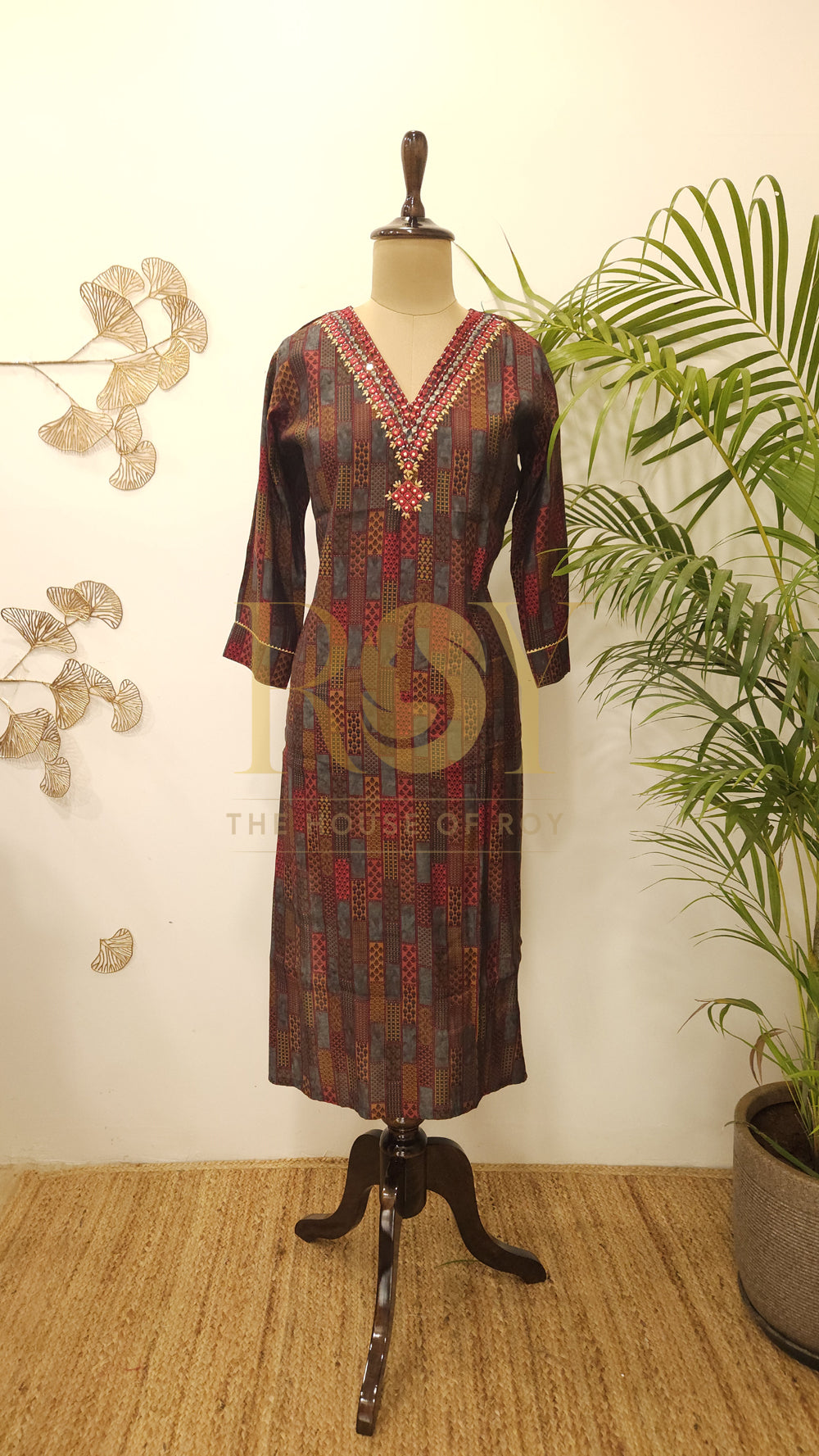 Embroidered Maroon V-Neck Kurti