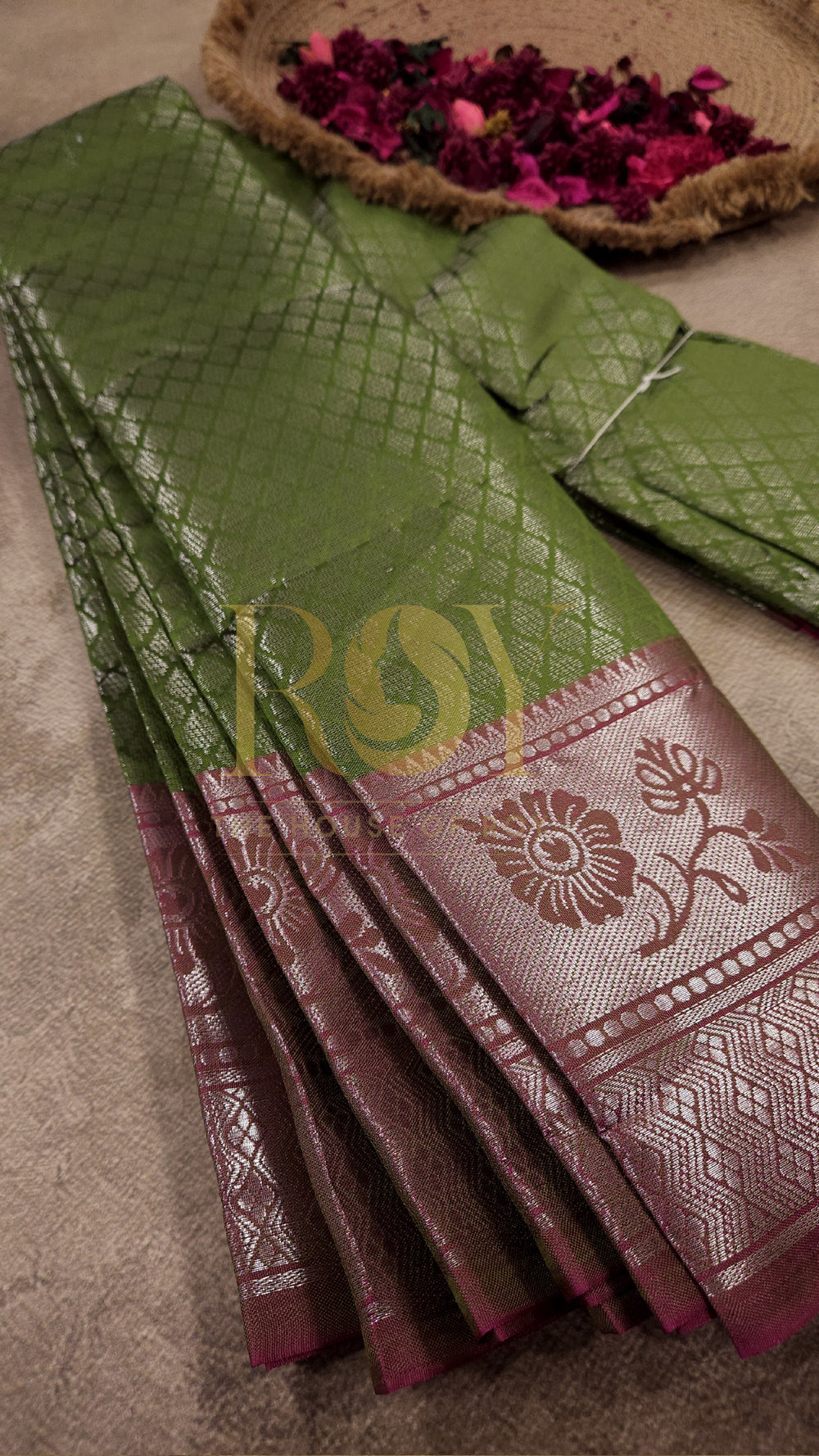 Mix Silk Saree Olive Green With Silver Zari