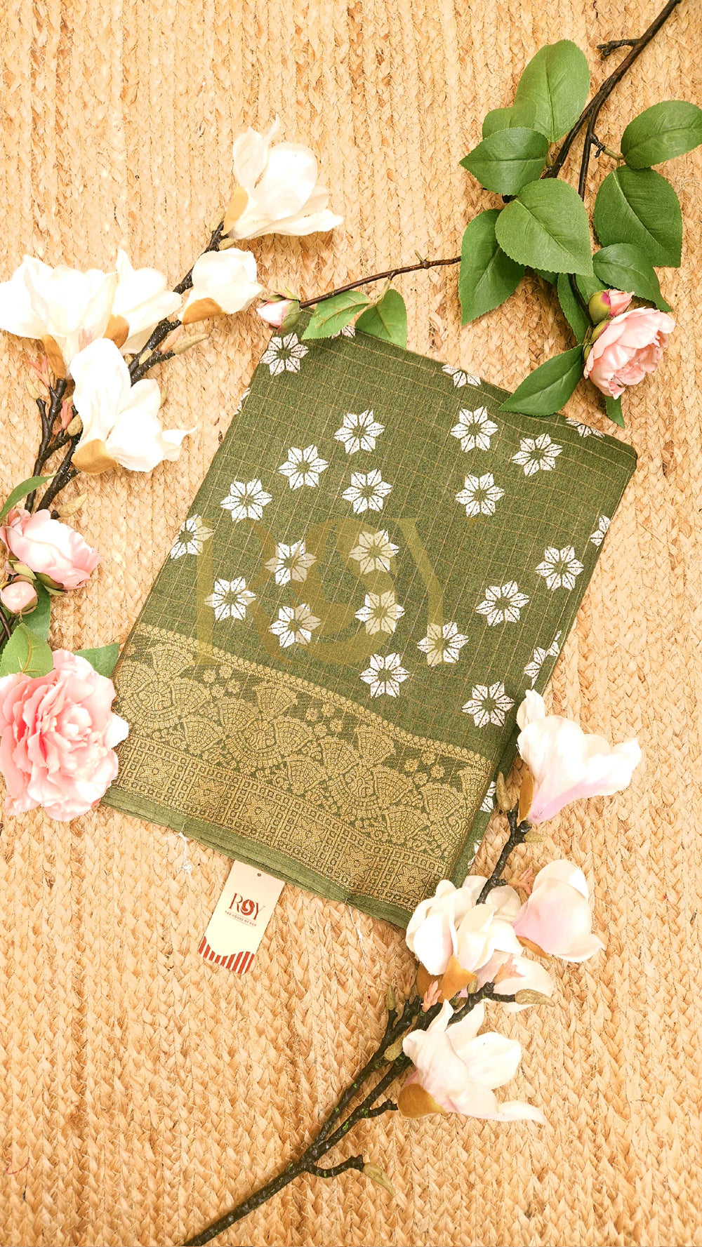 Moss Green Flower Print Dola Silk Saree