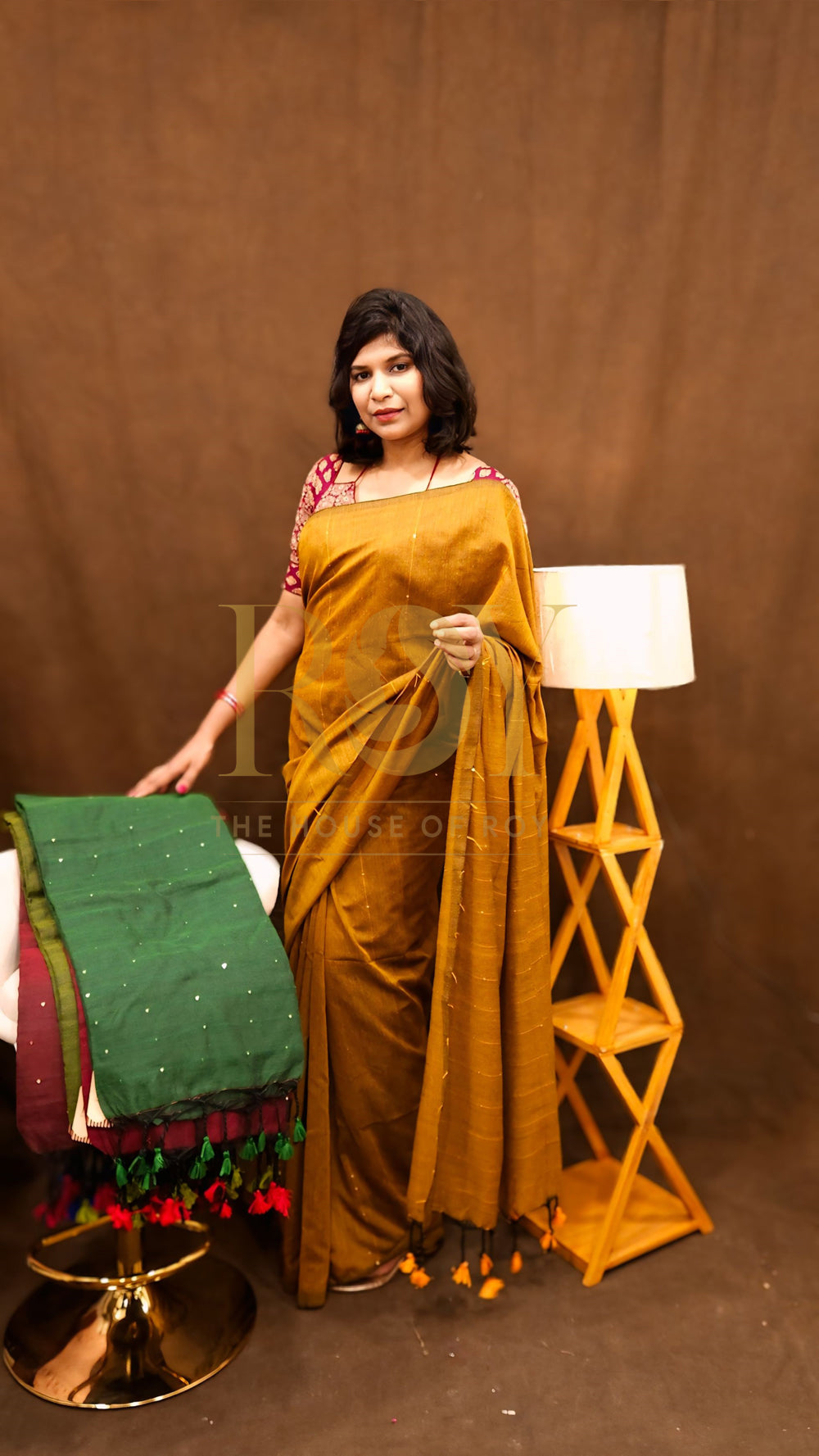 Mustard Sequinned Khadi Mul Cotton Saree