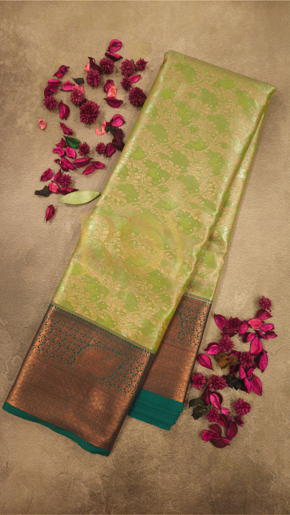 Parrot Green Copper Jari Kodi Jacquard Tissue Silk Saree