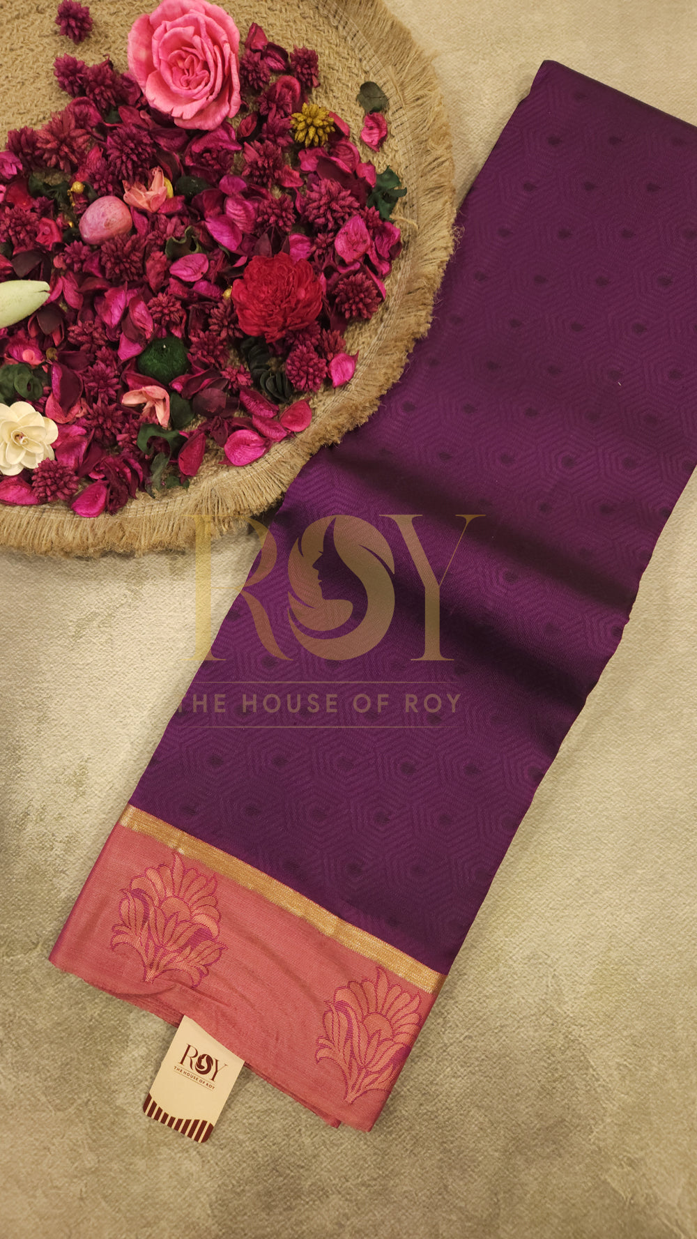 Pure Purple Silk Saree with Peachish Pink Border
