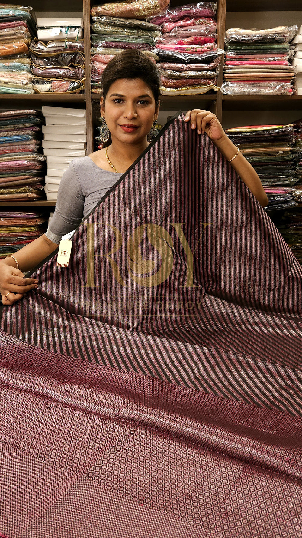 Tissue Style Weave Pinkish Black Saree with Silver Zari