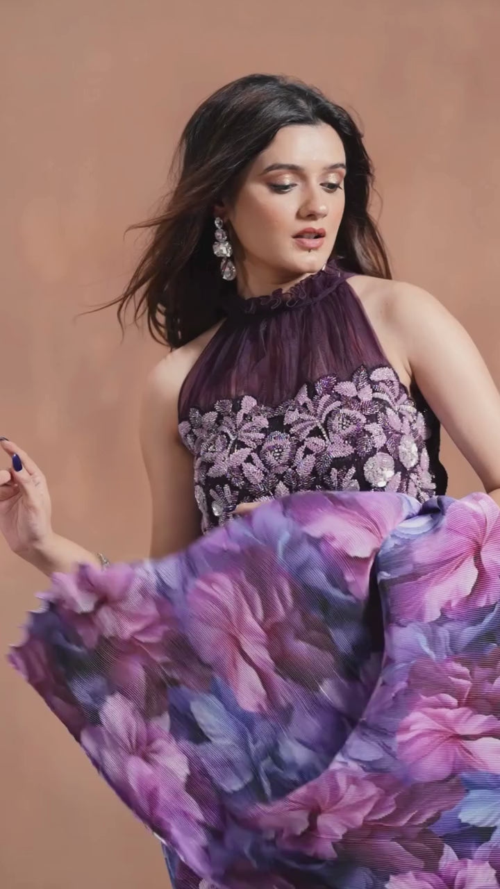 Purple Floral Orchid Pre-Draped Designer Saree