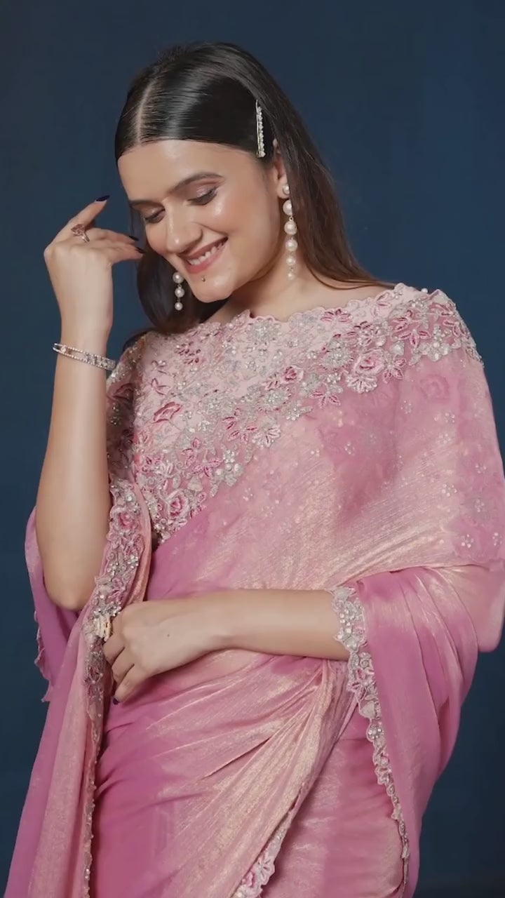 Peachish Pink Shimmer Designer Saree