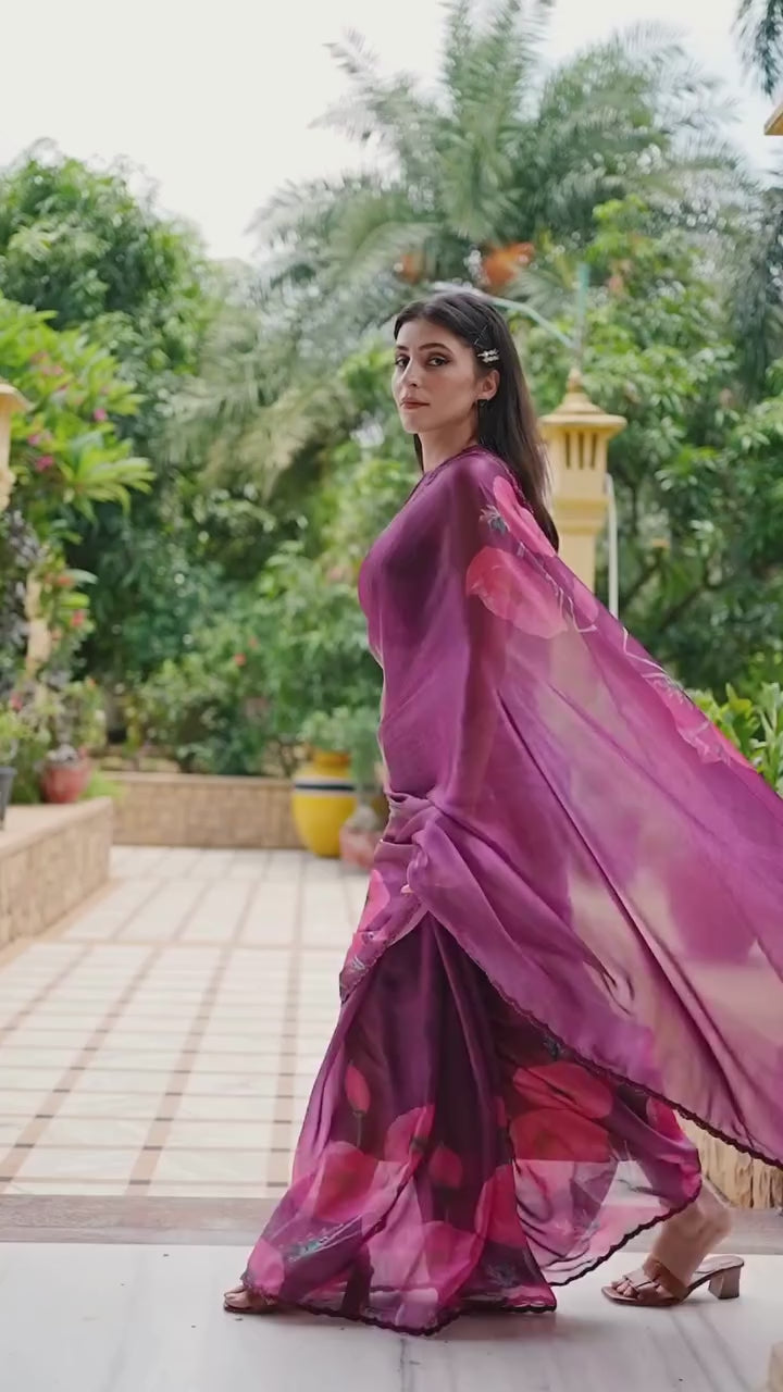 Cherry Red Satin Silk Saree