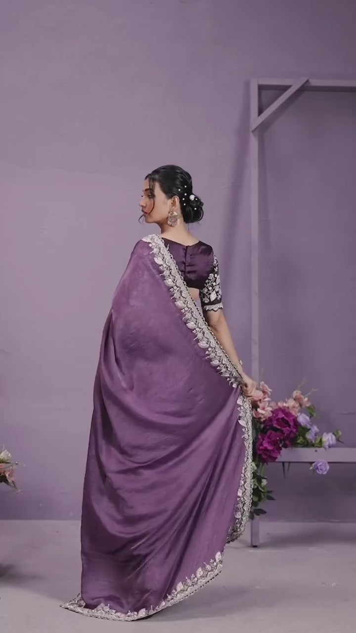 Plum Crushed Organza Designer Saree