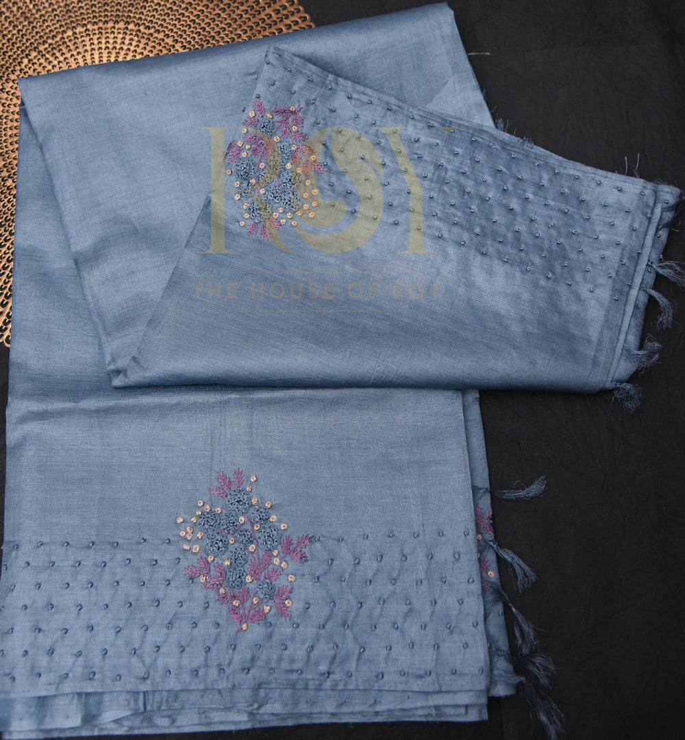 Floral Embroidery Pure Tussar Silk Saree