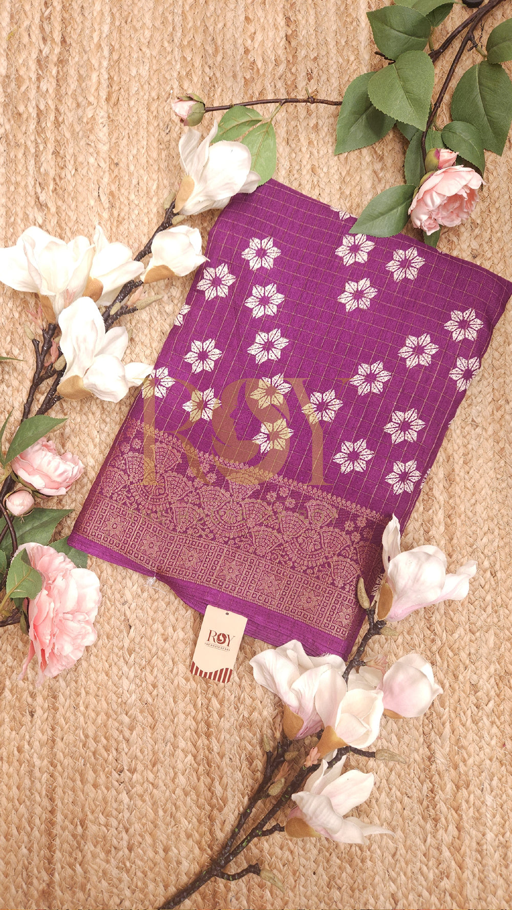 Purple Flower Print Dola Silk Saree