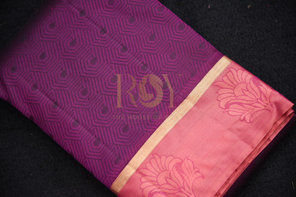 Pure Purple Silk Saree with Peachish Pink Border