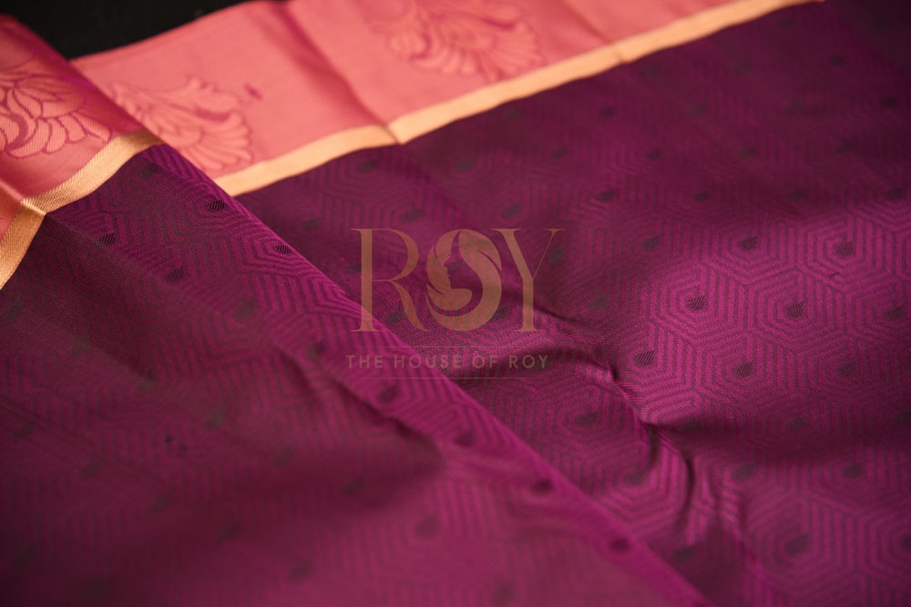 Pure Purple Silk Saree with Peachish Pink Border